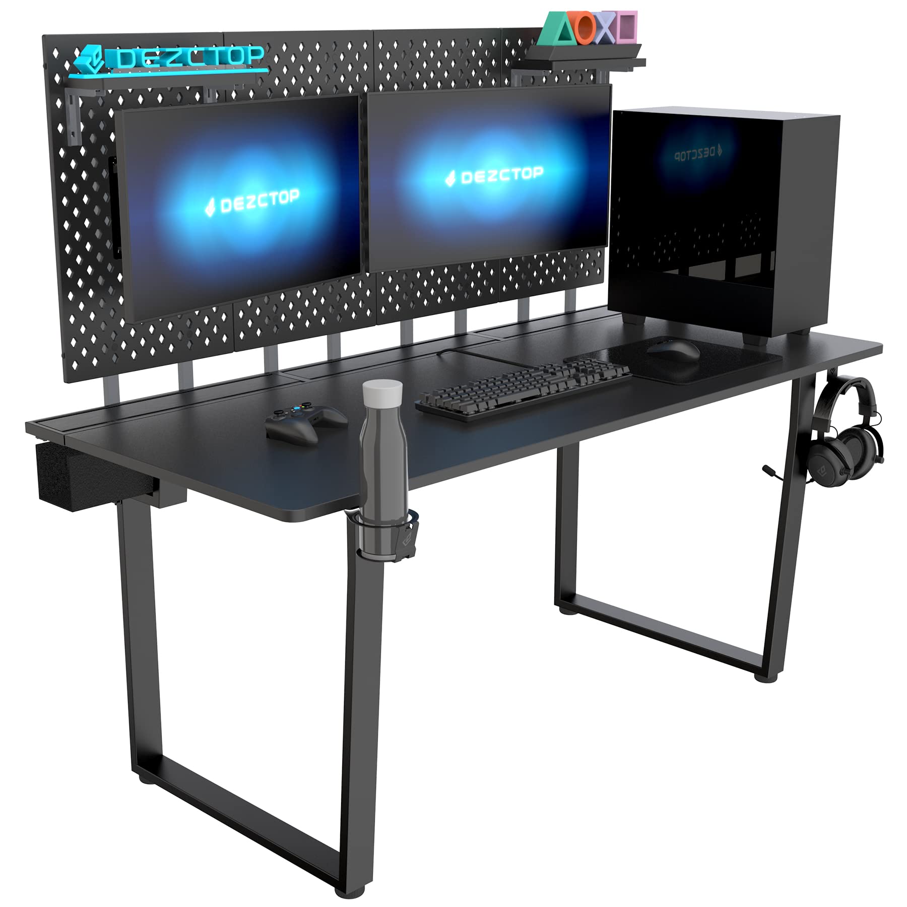DEZCTOP Bifrost 160 63W x 28D Gaming Computer Desk with Shelves & Pegboard - Large Workstation for PC Gaming & Home Office - Built-in Cable Management, Stainless Steel Frame (Black) - Perfect for Esports, Streaming & Remote Work Setup