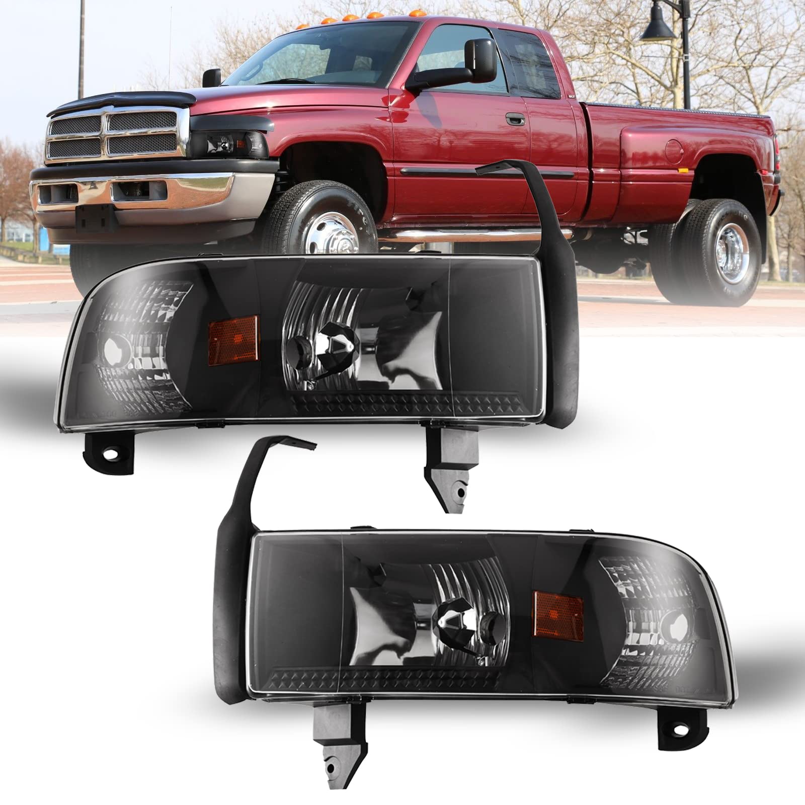 ROXX Projector Headlights Assembly for 1994-2001 Dodge Ram 1500, 1994-2002 Dodge Ram 2500/3500, 1995-2002 Dodge Ram 4000 - Direct Replacement Headlamps with Dual Beam, Turn Signal & Amber Reflector - Perfect for Off-Roading, Night Driving & Truck Customization