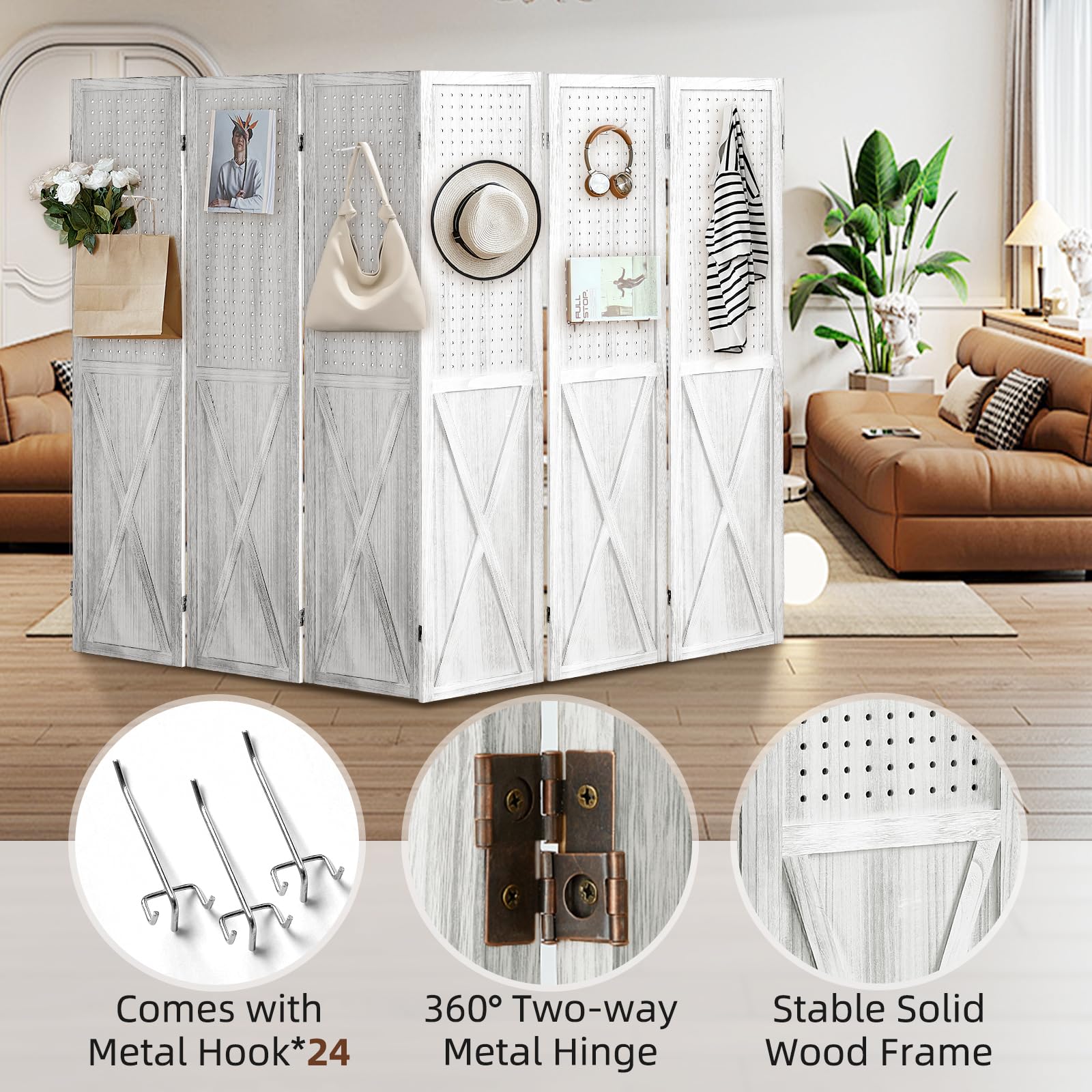 6 Panel Pegboard Room Divider & Folding Privacy Screen - 5.6Ft Tall Portable Display Stand Organizer for Home, Office, and Retail Spaces (White) - Perfect for Room Separation, Craft Shows, and Trade Displays