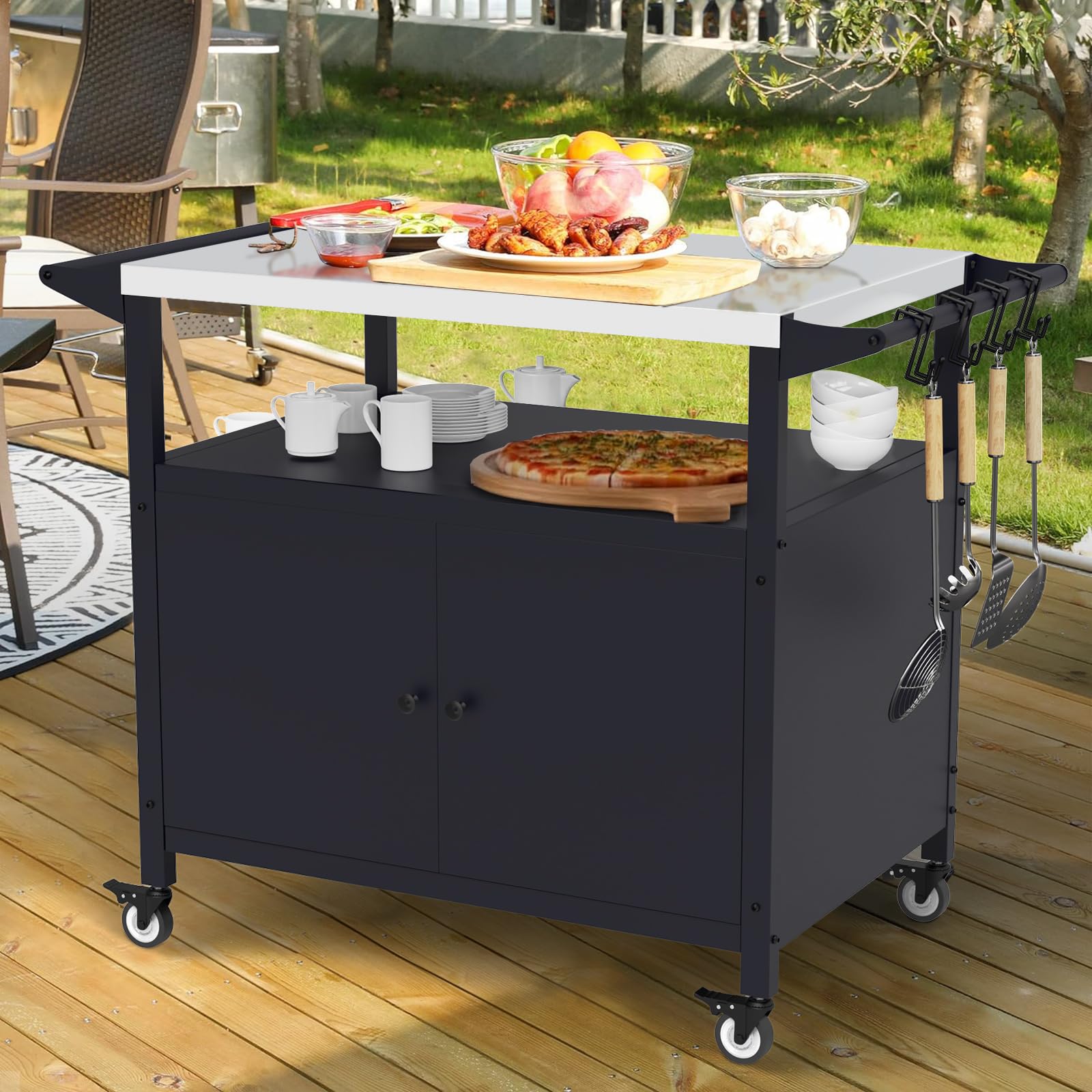 Stainless Steel Outdoor Grill Table with Storage - Blackstone Griddle Stand & BBQ Serving Cart with 4 Utensil Hooks | Rolling Bar Cart for Outdoor Kitchen, Patio, Backyard & Camping Cooking