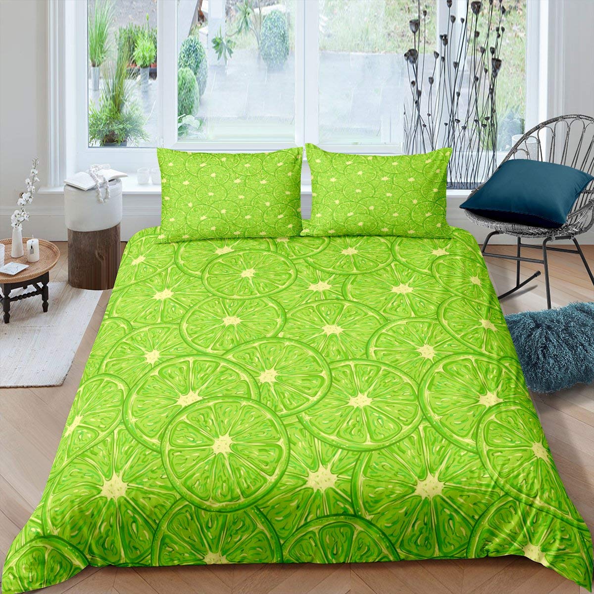 Feelyou Cartoon Lemon Duvet Cover Set - Tropical Fruit Pattern Bedding for Kids & Teens - Vibrant Green Comforter Cover with 1 Pillowcase (2PC Twin Size) - Perfect for Summer Bedroom Decor, Vacation Themed Rooms & Kids' Bedroom Makeover