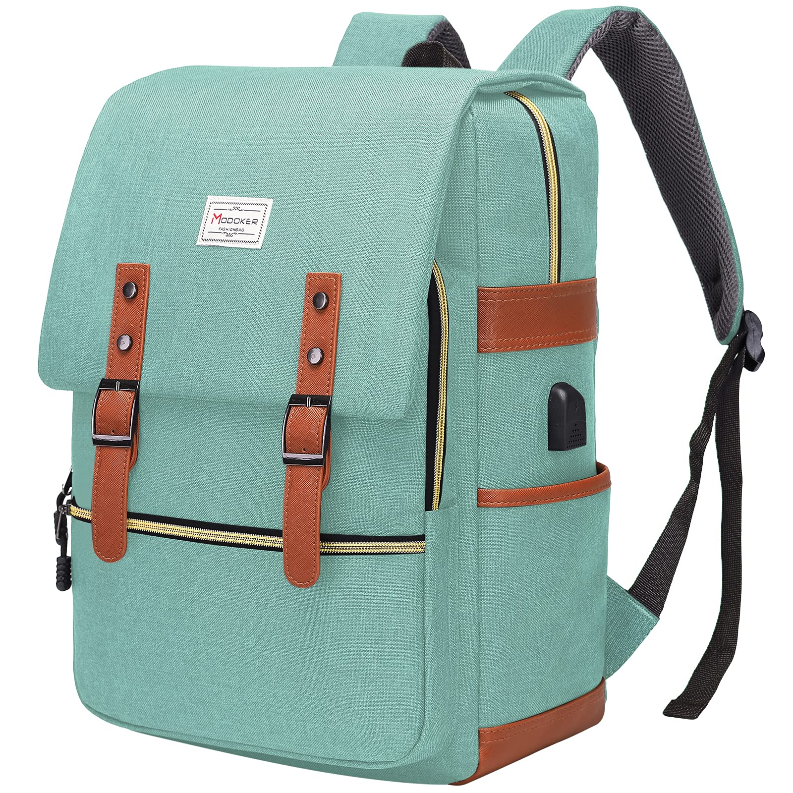 Modoker Vintage 17 Inch Laptop Backpack with USB Charging Port - Water Resistant Slim Travel Backpack for Men & Women - Perfect for Business, College & Commuting (Green)