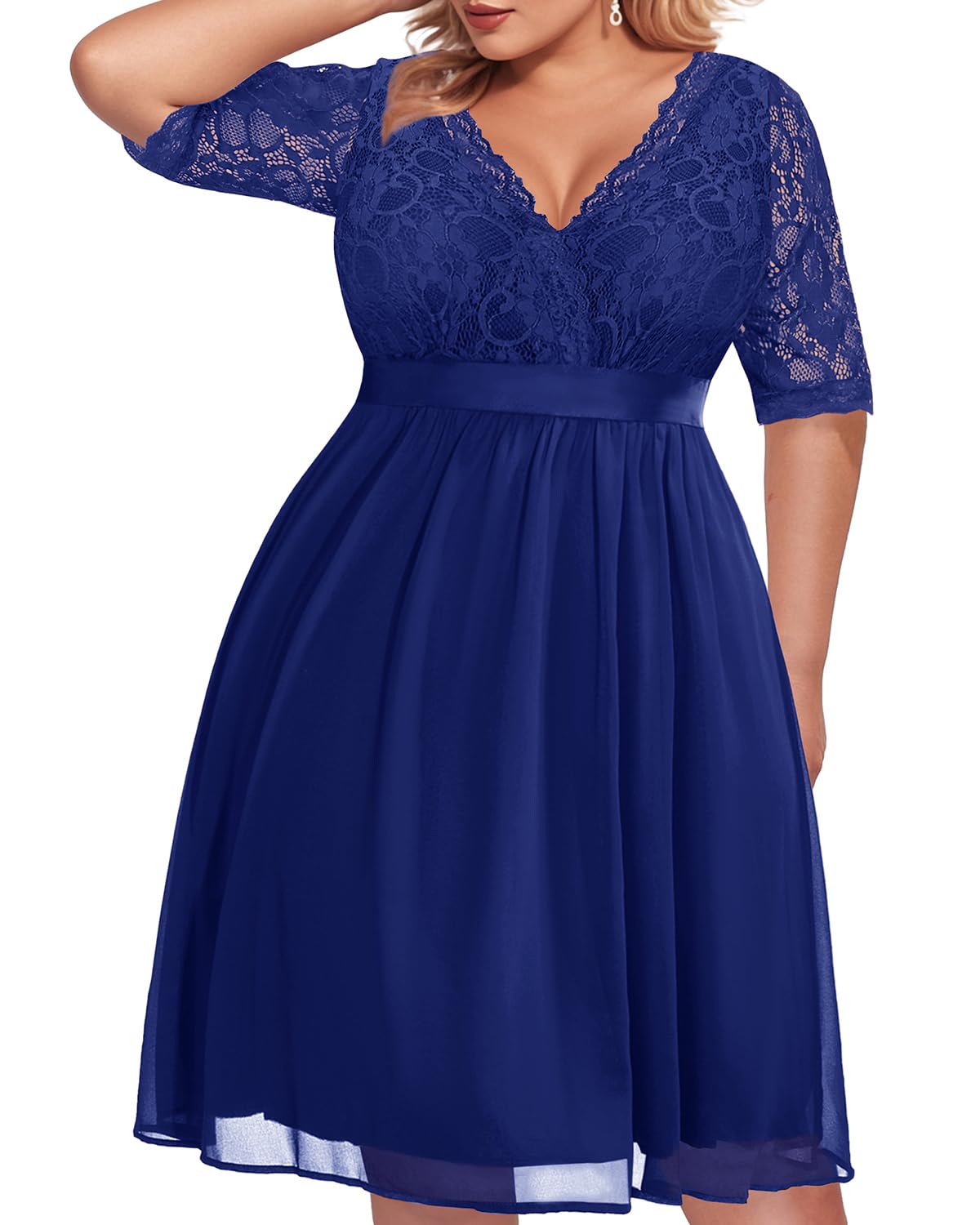 Plus Size Lace Chiffon Wrap V-Neck Midi Dress for Women - Elegant Cocktail & Wedding Guest Dress - Perfect for Parties, Date Nights & Special Occasions