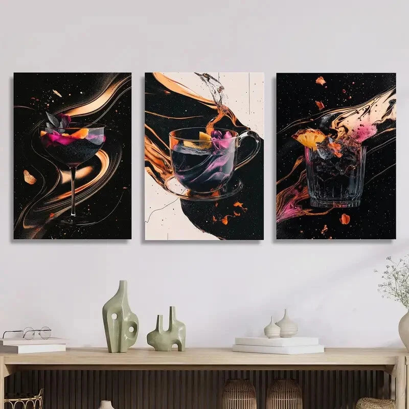 3-Piece Vibrant Cocktail & Wine Glass Metal Wall Art - Ready to Hang Bar Decor for Home, Kitchen, or Restaurant - Perfect Gift for Wine Lovers & Entertaining