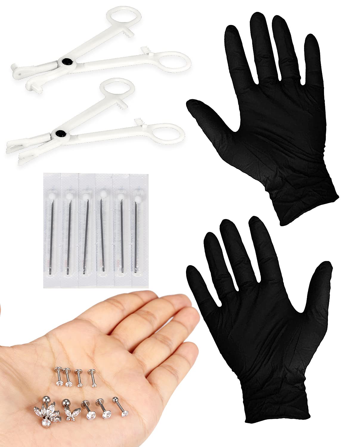 Vsnnsns 16G Surgical Steel Professional Ear Piercing Kit with Needles & Clamp - Safe for Cartilage, Tragus, Helix, Conch, Lobe Piercing - Hypoallergenic Silver Jewelry - Perfect for Home Use, DIY Piercing, and Professional Studios