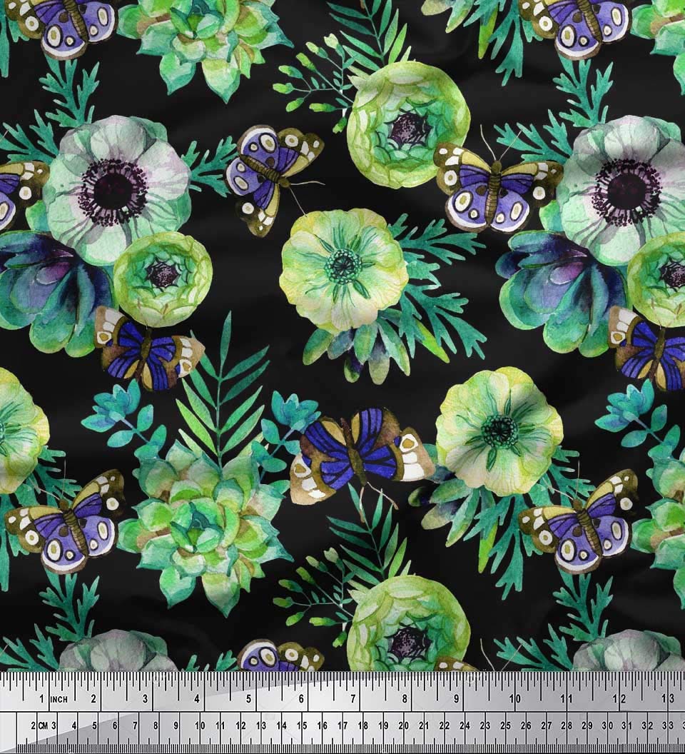 Soimoi Poly Georgette Green Fabric by The Yard - 52 Inch Wide Floral Print Fabric with Leaves & Anemone Design - Elegant Printed Fabric for Dresses, Scarves, Curtains and DIY Fashion Projects