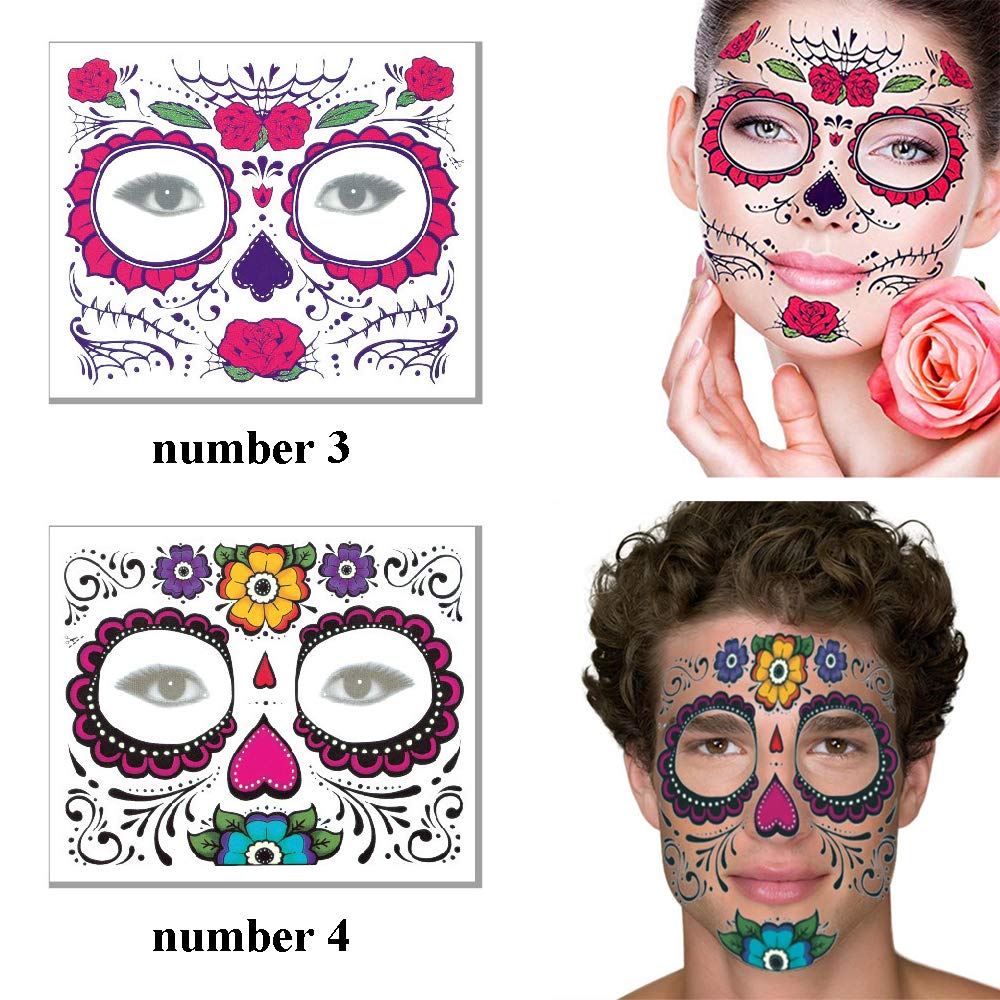 8 Pack Day of the Dead Temporary Tattoos - Sugar Skull Face Tattoos with Floral, Glitter Roses & Skeleton Designs for Halloween, Masquerade Parties & Dia de los Muertos Celebrations - Perfect for Costumes, Face Painting & Festival Decorations