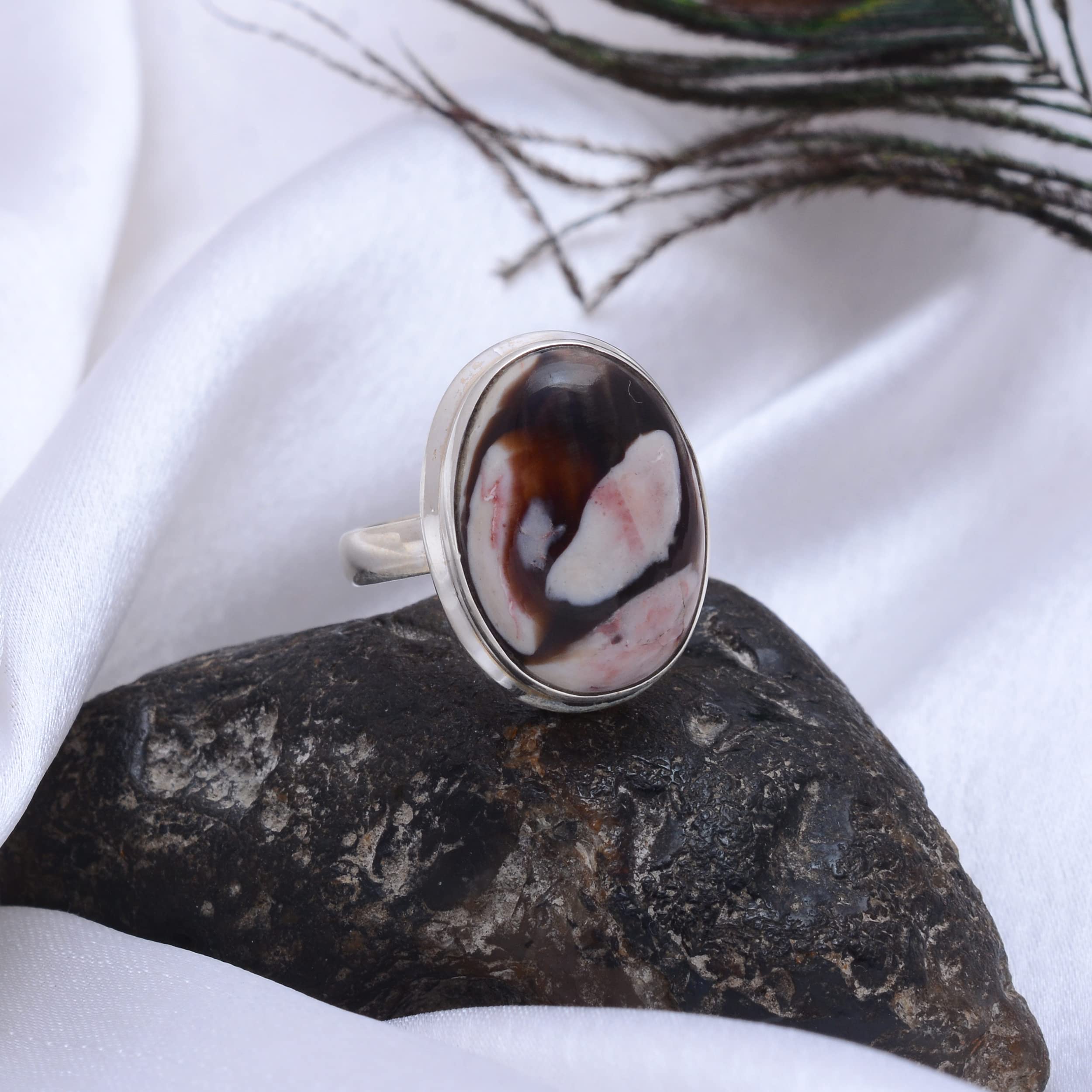 Veracity Jewelry Peanut Wood Jasper Rings for Women - 925 Sterling Silver Healing Meditation Jewelry with Coffee Color Jasper Gemstone - Handmade VSR-131 Ring for Spiritual Wellness & Everyday Elegance