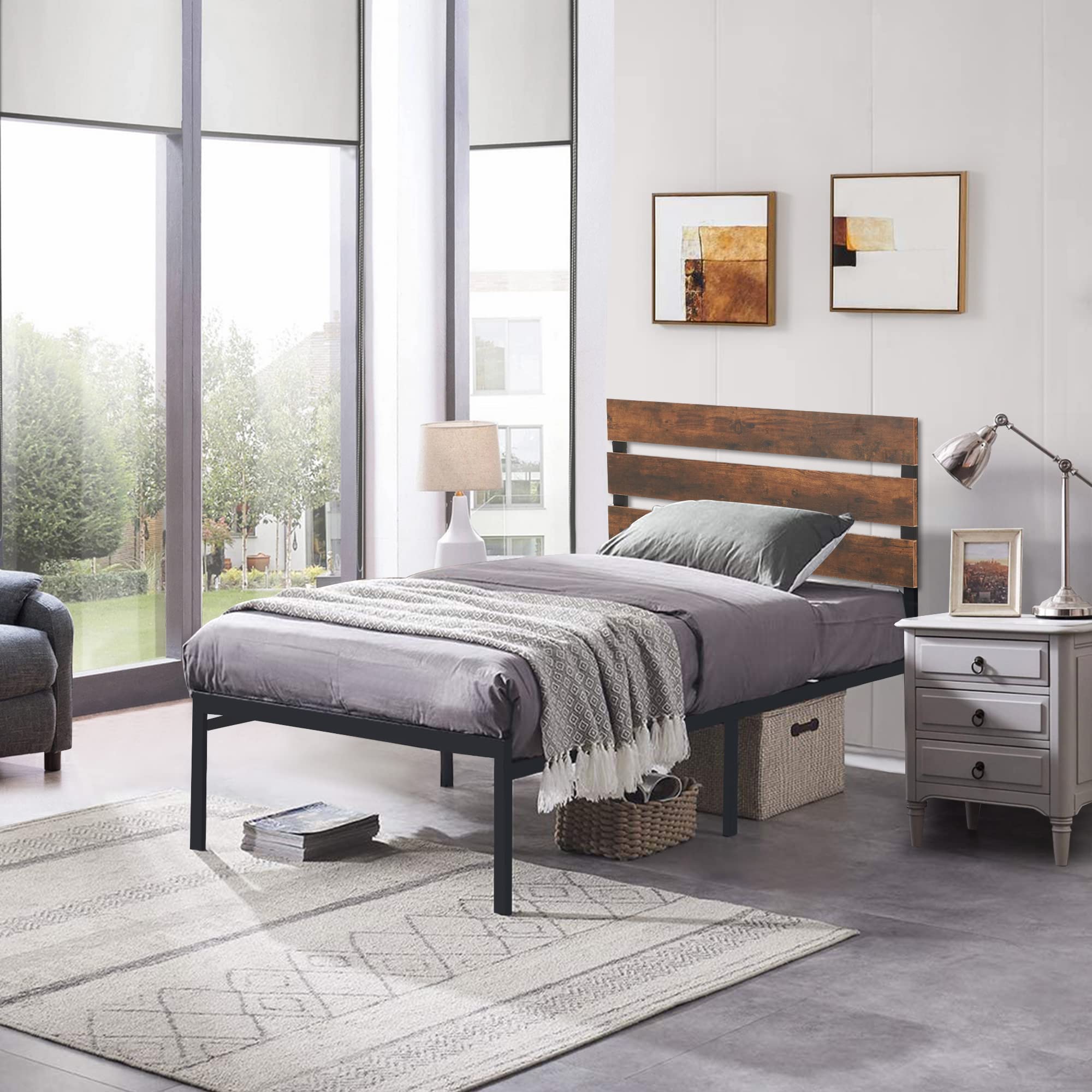 ECOTOUGE 14.2 Inch Twin Bed Frame with Headboard & Steel Slats - Sturdy Metal Platform Bed Foundation - No Box Spring Needed - Easy Assembly - Black - Perfect for Kids Rooms, Guest Bedrooms & Small Spaces
