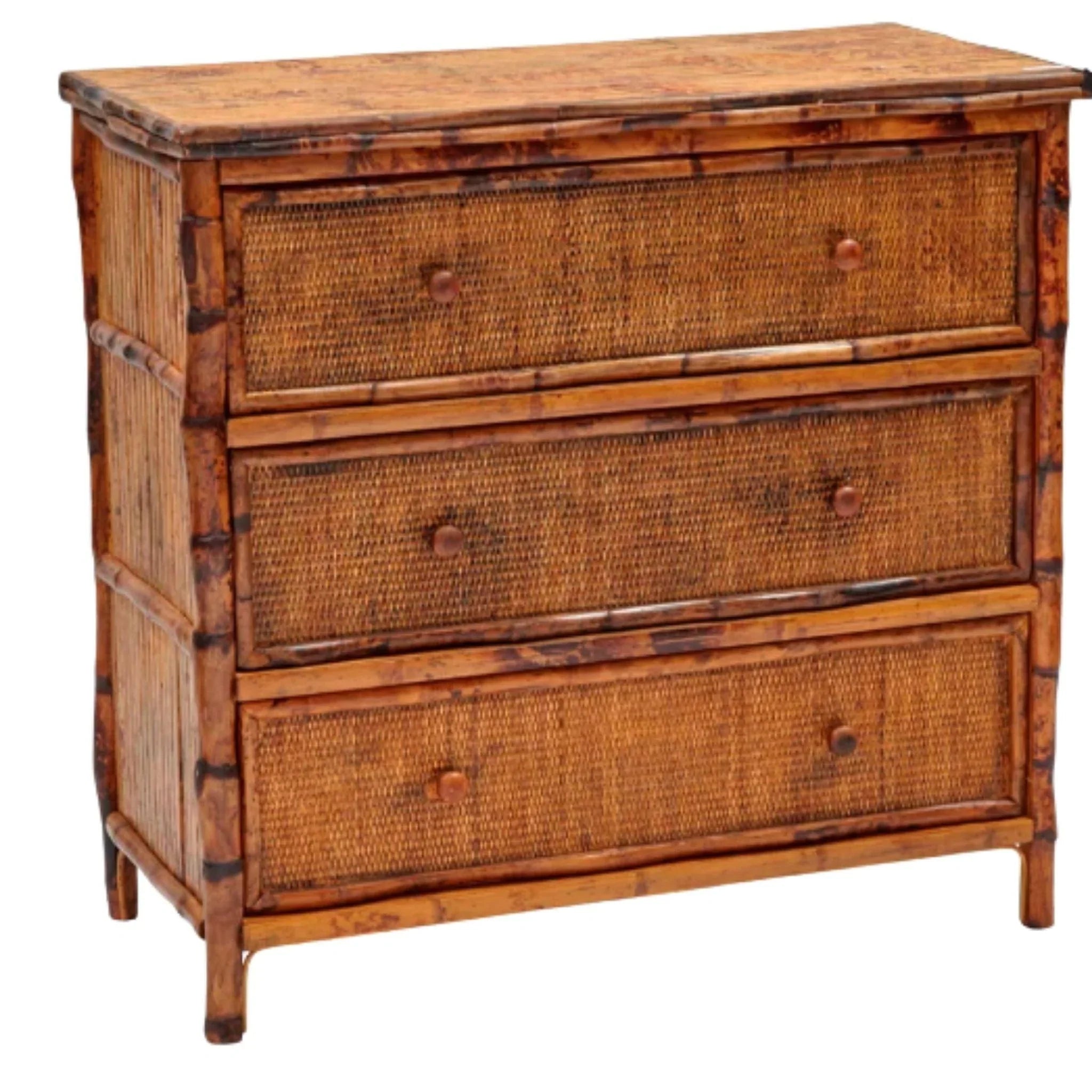 Antique Tortoise Three-Drawer Dresser with Large Woven Drawer Fronts - Vintage Wooden Chest for Bedroom, Living Room, or Entryway Storage