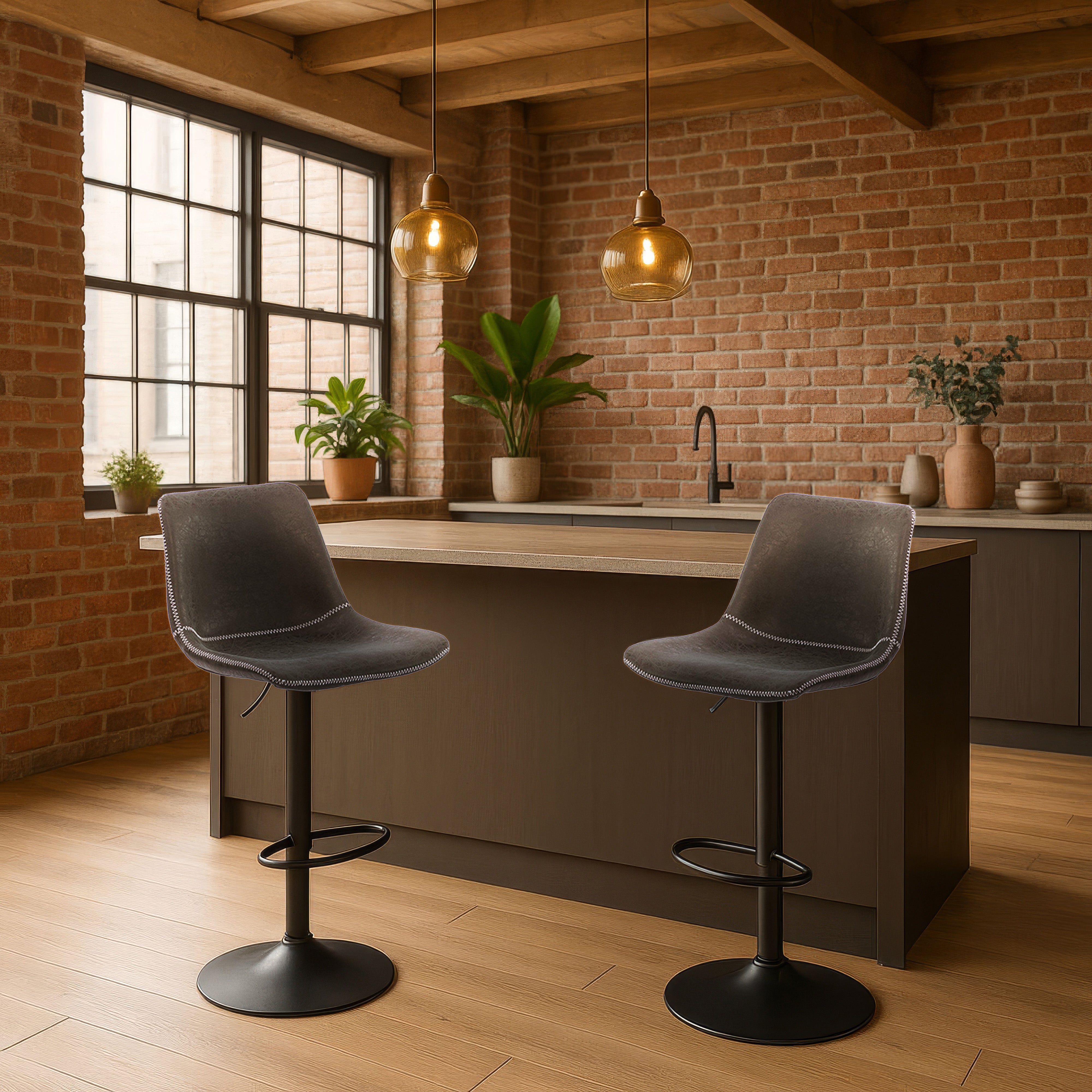 Urban Style Gary Bar Stools - Set of 2 Black PU Seat Gas Lift Height Adjustable Metal Barstools for Kitchen Island, Home Bar & Breakfast Nook