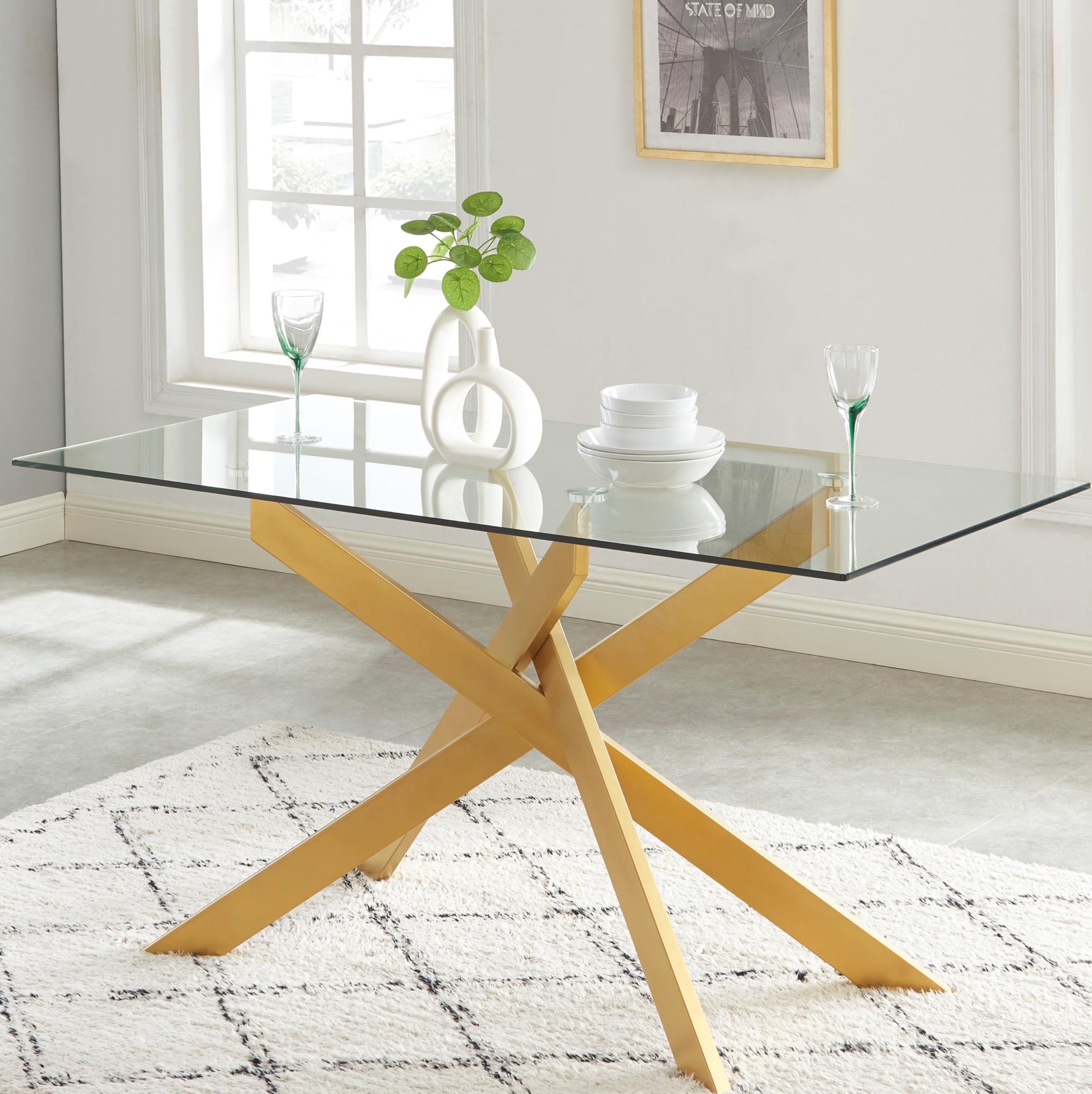 58.5 Inch Modern Rectangular Glass Dining Table - Tempered Glass Top with Gold Metal Tubular Legs - Perfect for Kitchen, Dining Room & Small Spaces (58.5