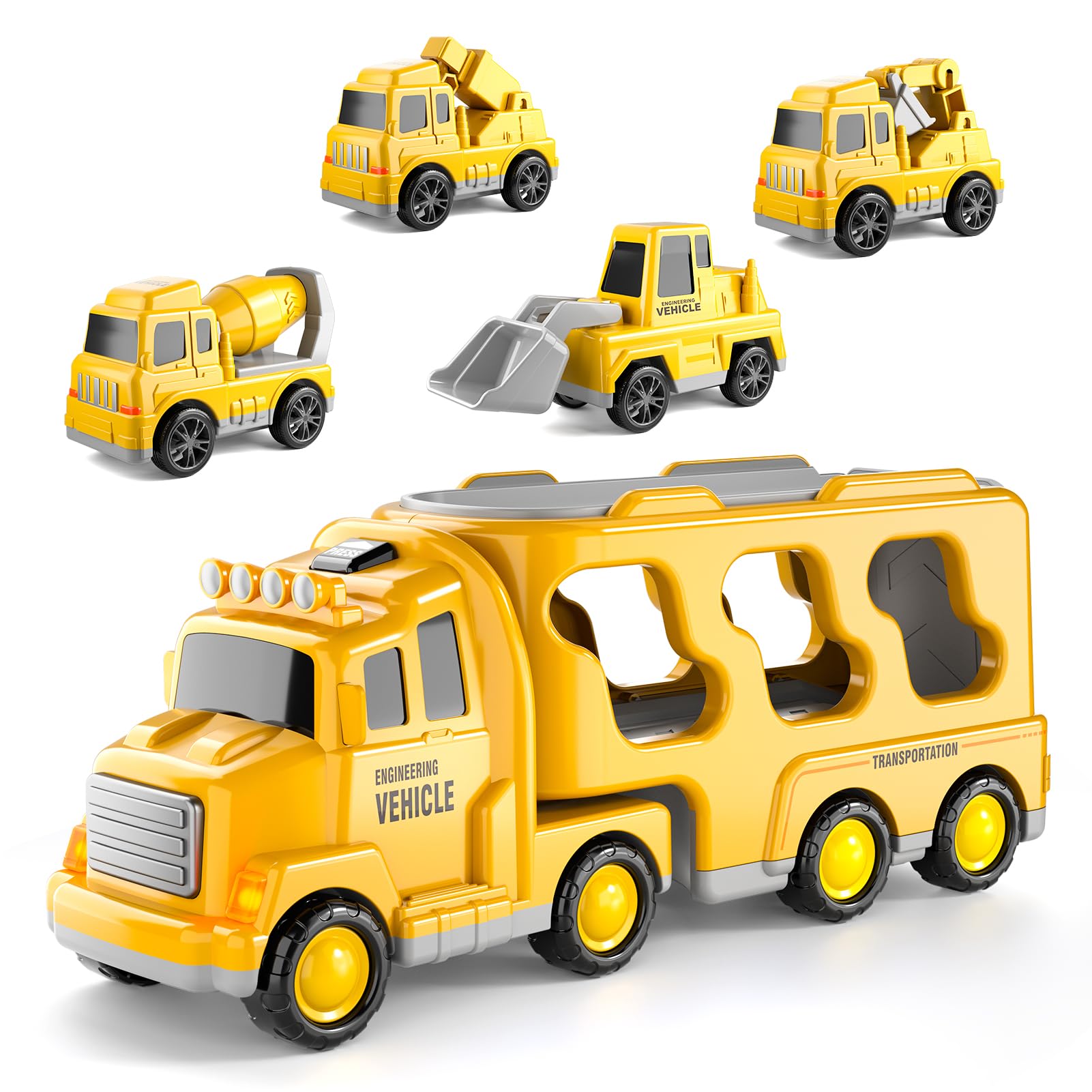 5-in-1 Construction Carrier Truck Toy Set with Lights & Sounds - Friction Powered Vehicles for Toddlers Ages 1-6 | Perfect Birthday Gift for Boys & Girls | STEM Learning Toy for Pretend Play & Early Childhood Development