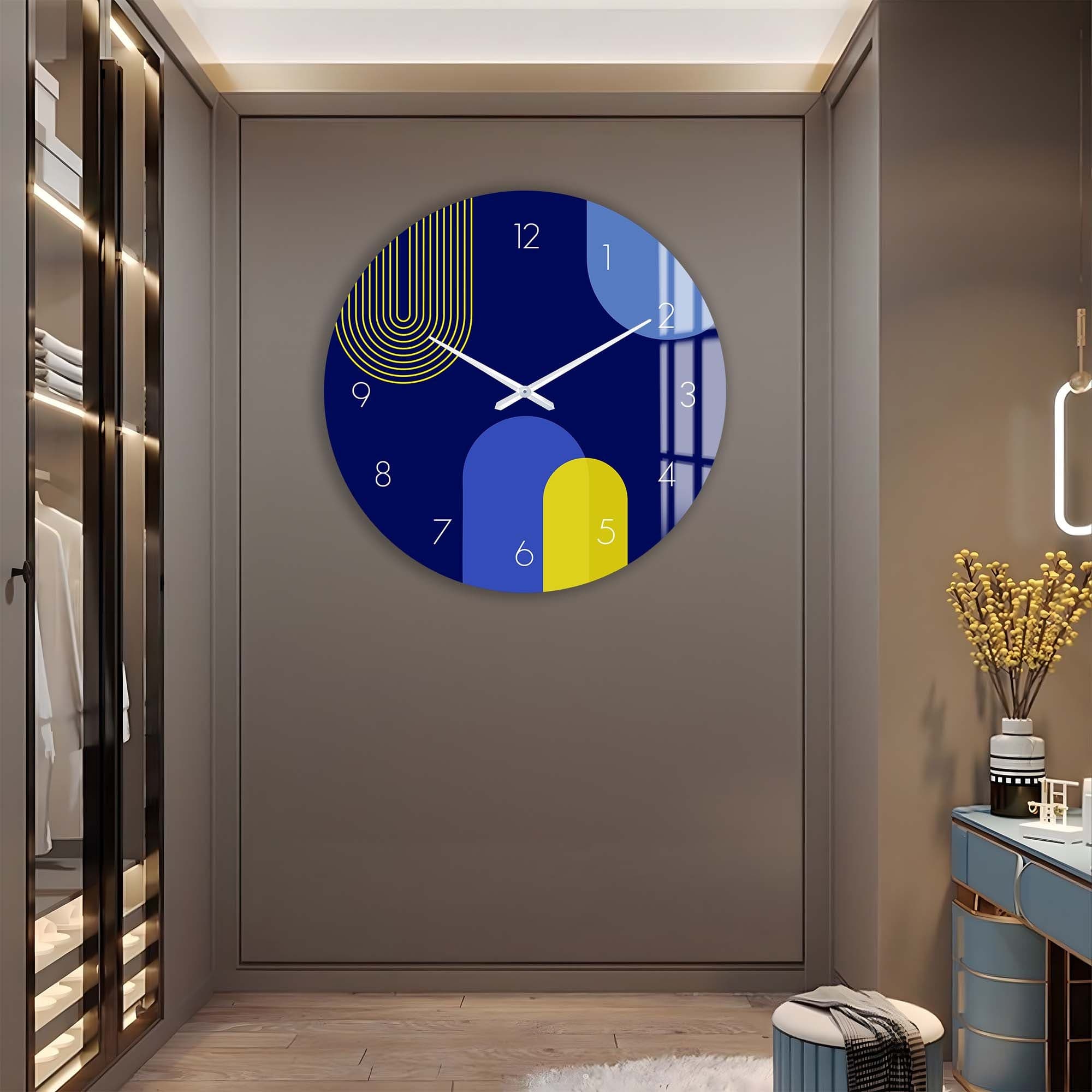 Stylish Puffy Blue & Yellow Glass Wall Clock - Modern Home & Office Decor for Living Room, Bedroom, Kitchen