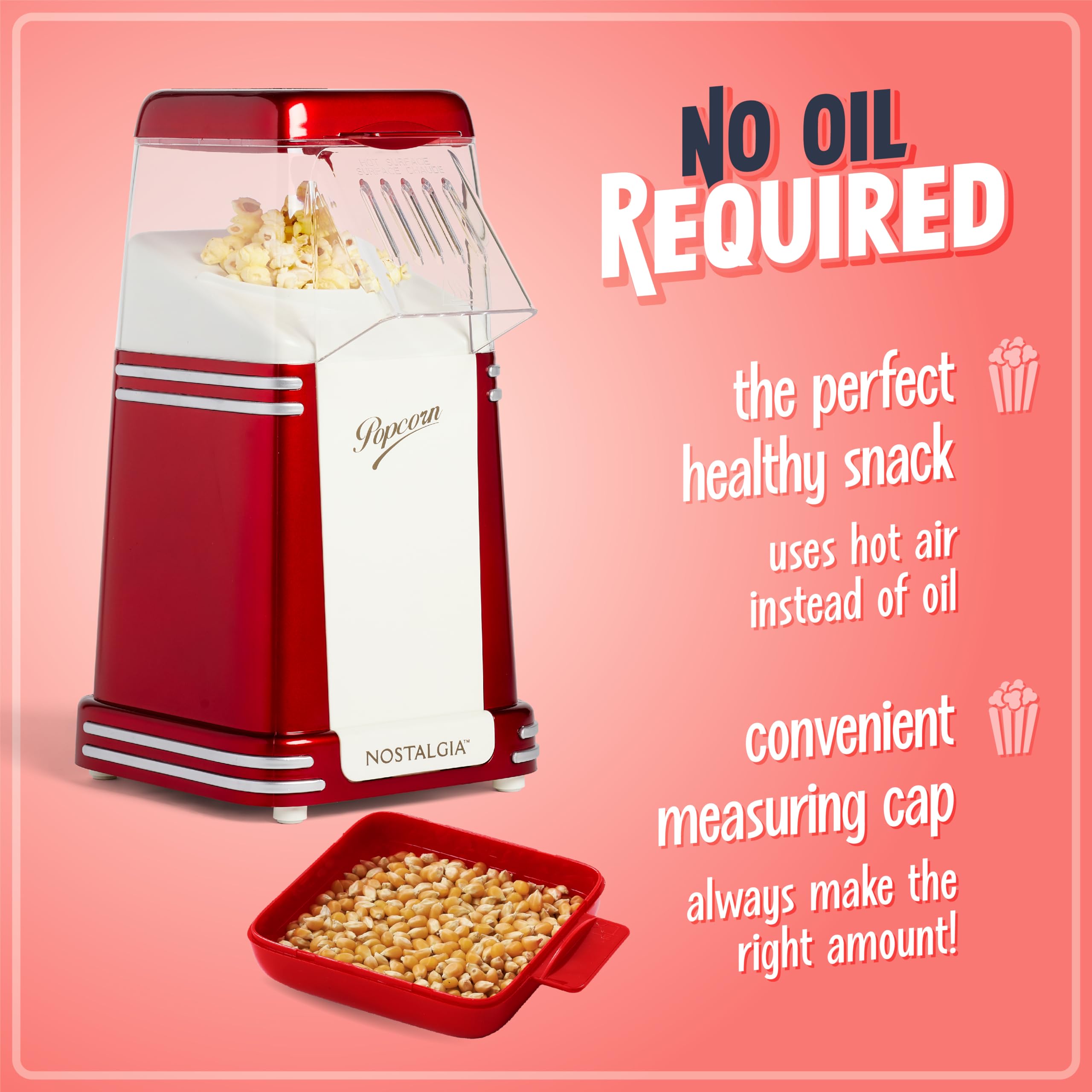 Nostalgia Hot-Air Electric Popcorn Maker Machine - 8 Cup Capacity, Oil-Free Healthy Snack Maker with Measuring Scoop, Retro Red Design for Movie Nights & Family Gatherings
