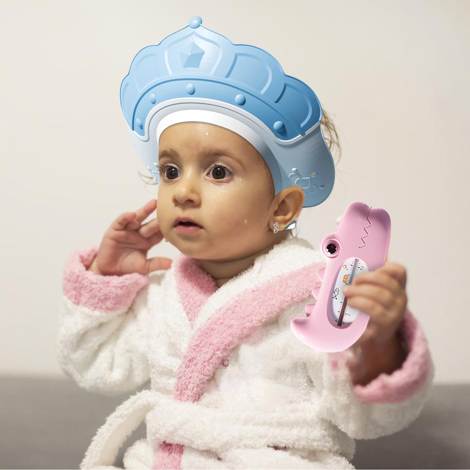 Waterproof Bathing Hat for Kids - Adjustable Hair Washing Shield with Built-in Temperature Gauge & Shampoo Cup | Includes Massage Brush for Gentle Hair Care | Perfect for Toddler Bath Time, Spa Days & Sensitive Scalp Care