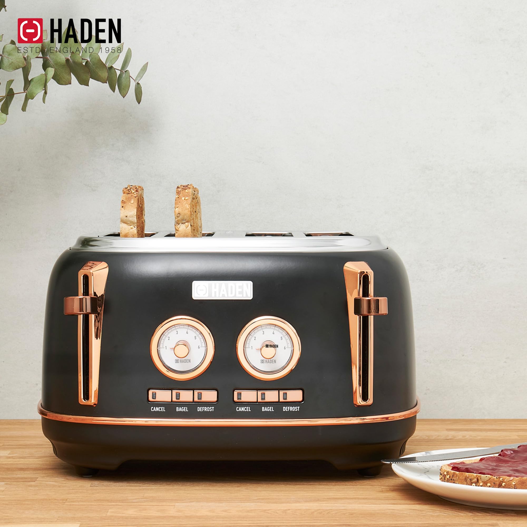 Haden Dorset 1.7L Electric Kettle & 4-Slice Toaster Set - Stainless Steel with 360° Swivel Base, Black & Copper - Perfect for Kitchen, Office, Dorm & Tea/Coffee Lovers