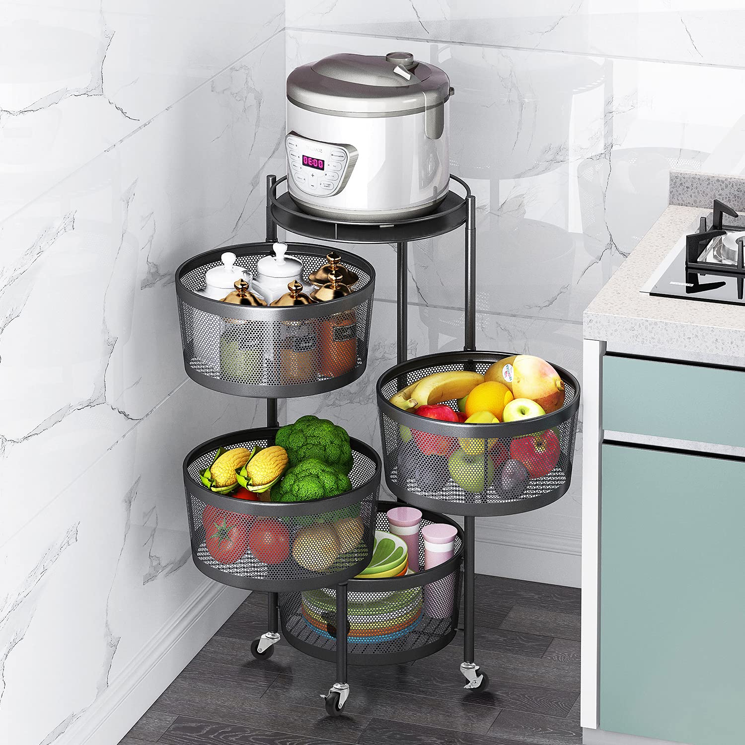4-Tier Metal Rotating Storage Basket with Wheels - Kitchen Organizer for Fruits, Vegetables, Pantry Snacks - Multi-Purpose Utility Cart for Living Room, Bedroom & Bathroom (Black) - Perfect for Small Space Organization & Easy Access Storage