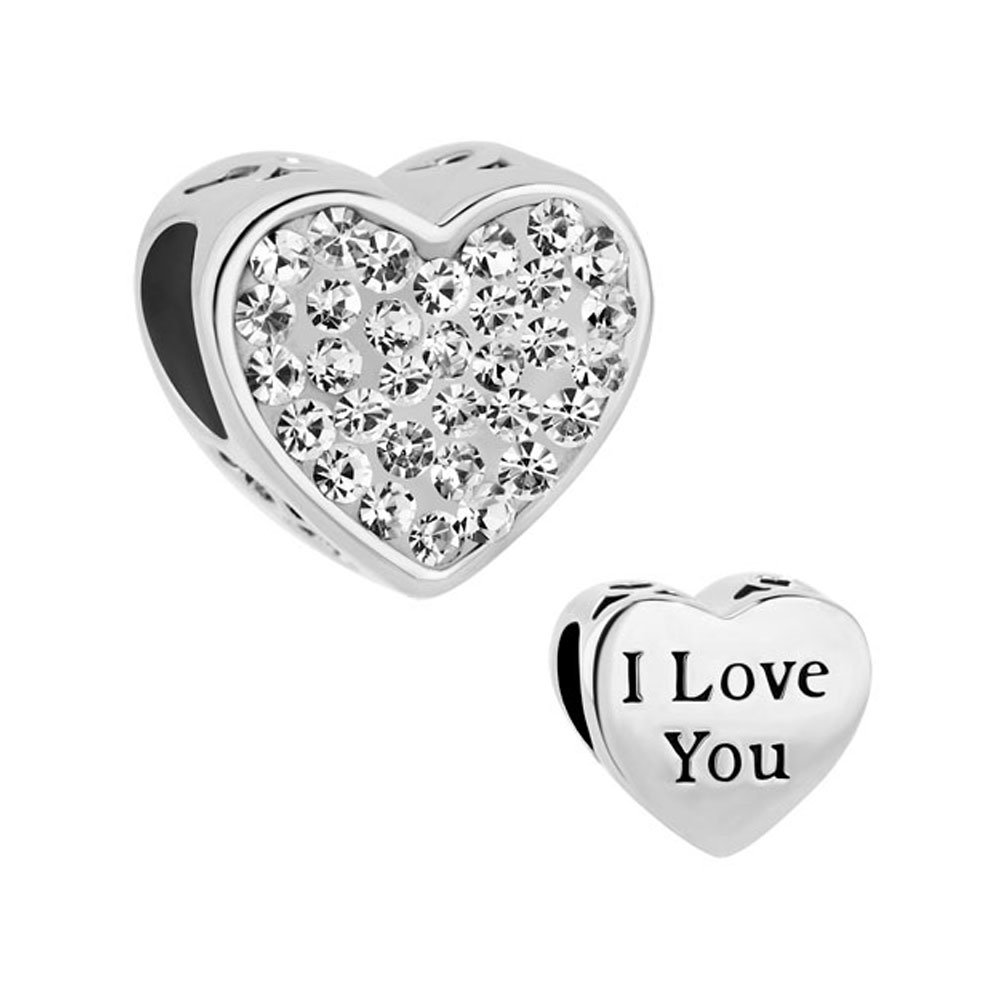 Lucky Jewelry Heart I Love You Charms with Swarovski Crystals - Birthstone Beads for Bracelets | Romantic Gift for Valentine's Day, Anniversary & Couple Jewelry