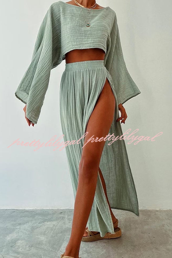 Boho Beach Outfit Set - Linen Blend Wide Sleeve Blouse & Elastic Waist Double Slit Skirt | Summer Vacation, Beach Party, Casual Outing, Festival Wear