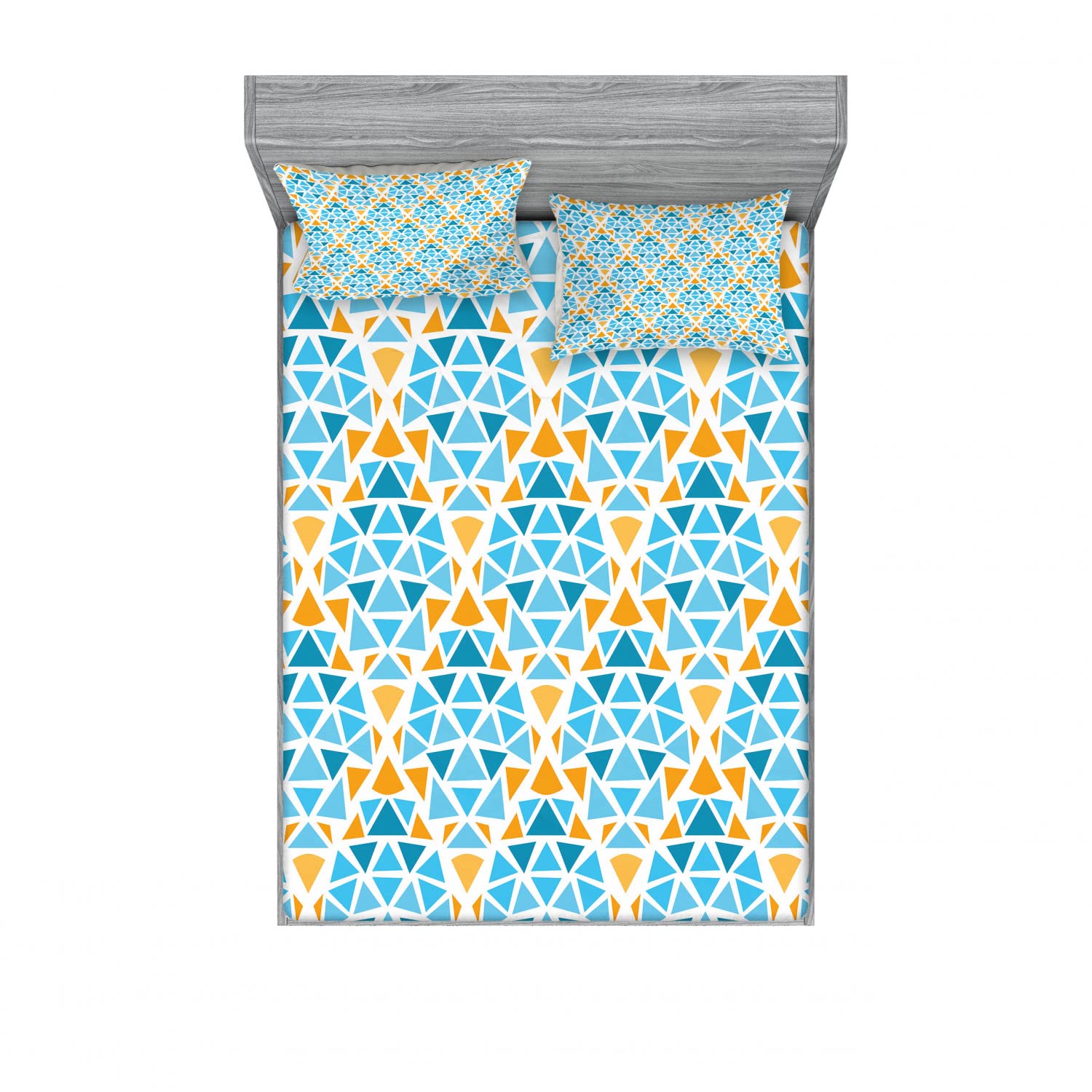 Ambesonne 2-Piece Queen Size Fitted Sheet Set with 4 Pillow Shams - Blue & Yellow Geometric Triangle Pattern Bedding - Aqua Teal Marigold Design - Soft Wrinkle-Resistant Fabric for Master Bedroom, Guest Room or Dorm Decor