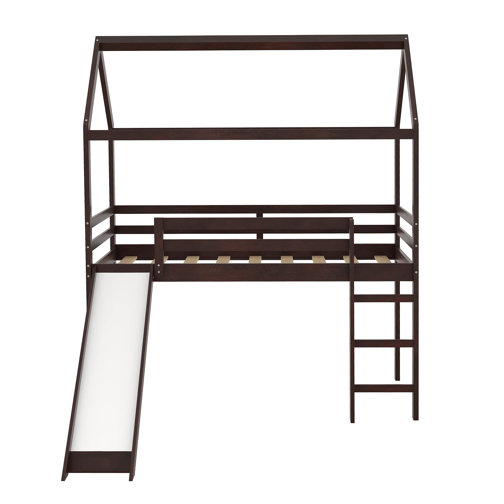 Merax Twin Size Loft Bed with Slide - House Shaped Kids Bunk Bed Frame with Ladder & Slats, No Box Spring Needed | Perfect Space-Saving Solution for Boys & Girls Bedrooms, Playrooms & Small Spaces