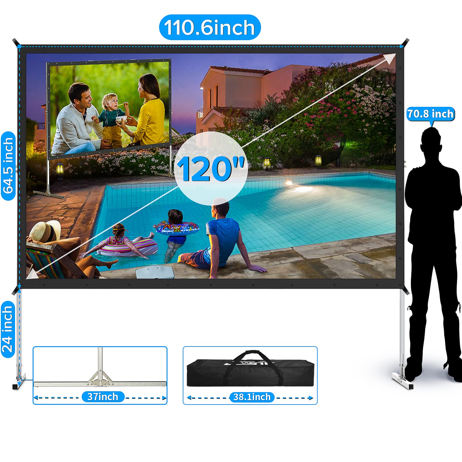 JWSIT 120 Inch Outdoor Projector Screen with Stand - 3 Layer PVC 16:9 Movie Screen for Home Backyard Theater, Includes Carrying Bag (Rear Projection Compatible) - Perfect for Outdoor Movie Nights, Camping, and Backyard Parties
