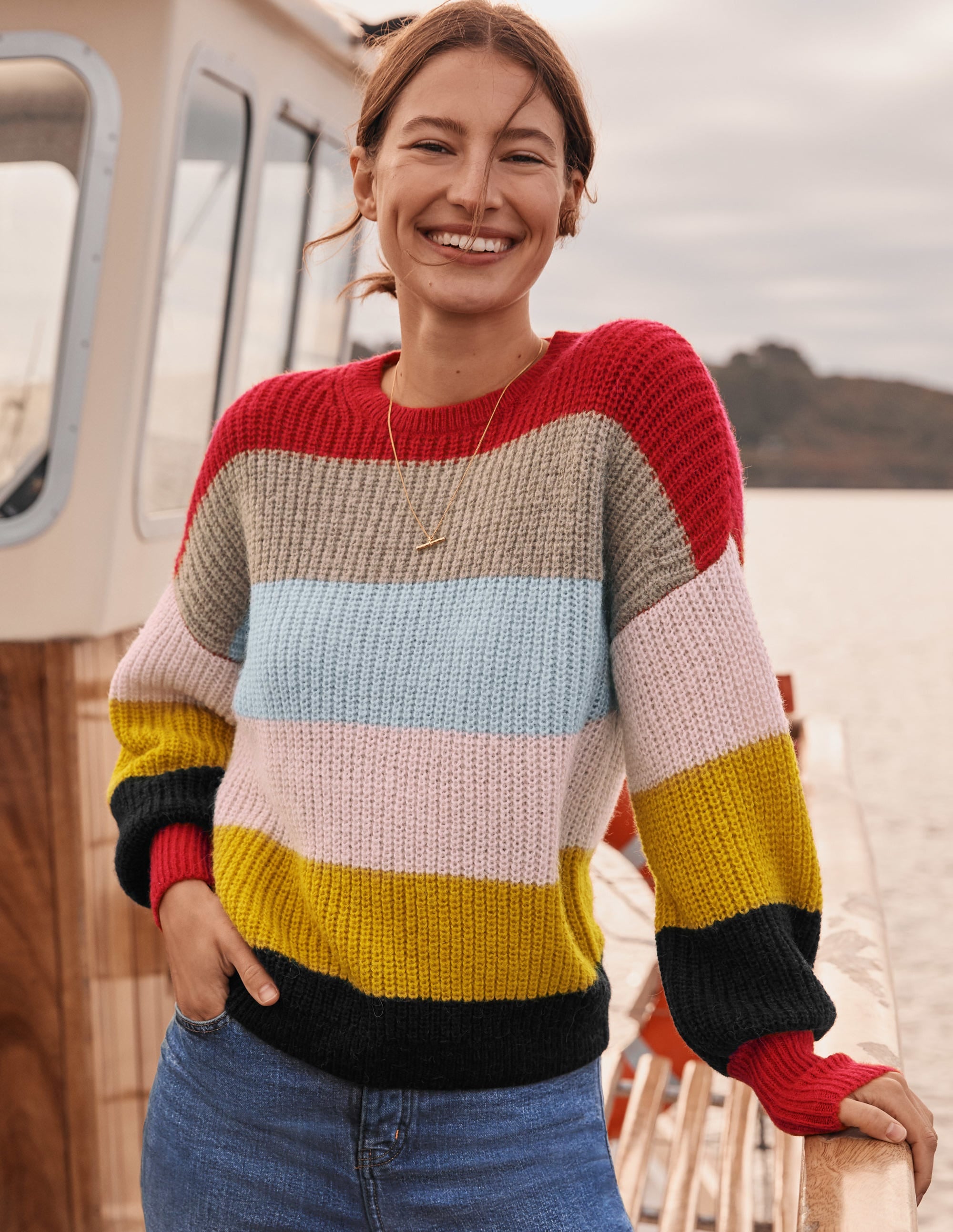 Fluffy Rainbow Stripe Blouson Cuff Sweater - Women's Cozy Knit Pullover for Casual Wear & Winter Fashion