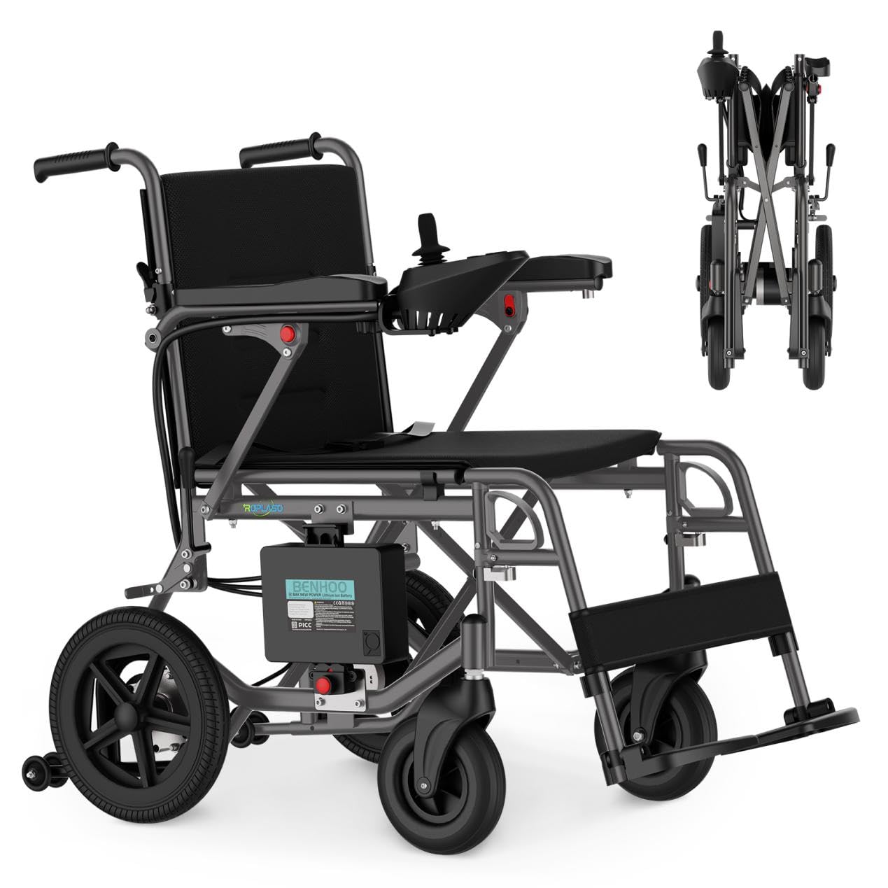 Lightweight Foldable Electric Wheelchair for Adults & Seniors - Dark Grey Power Motorized Wheelchair with Comfortable Seat - Perfect for Indoor/Outdoor Use, Travel & Daily Mobility