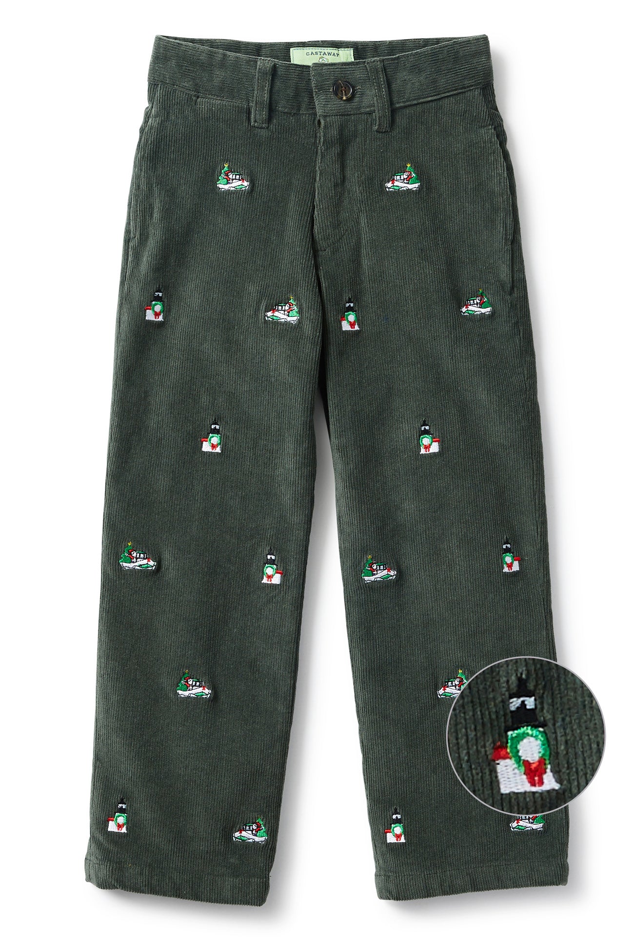 Boys Corduroy Pants for Kids - Olive Green Casual Beachcomber Style with Santa Boat Print - Perfect for Holidays, Outdoor Play & Family Gatherings