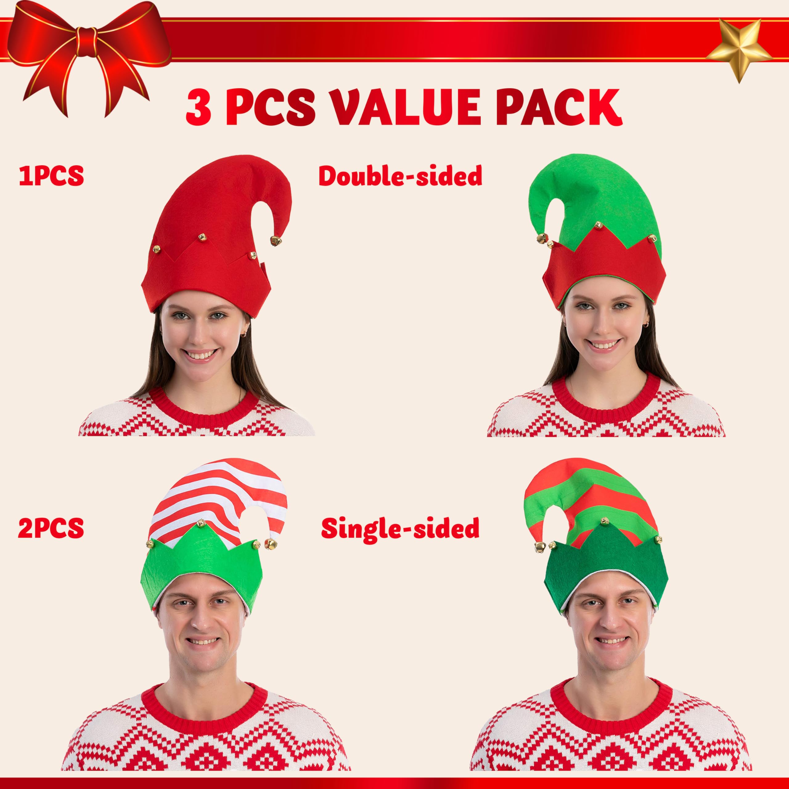 JOYIN 3 Pack Christmas Elf Hats with Jingle Bells - Festive Unisex Holiday Party Hats for Kids & Adults - Funny Xmas Costume Accessories for Holiday Parties, Family Gatherings & Christmas Photo Booths