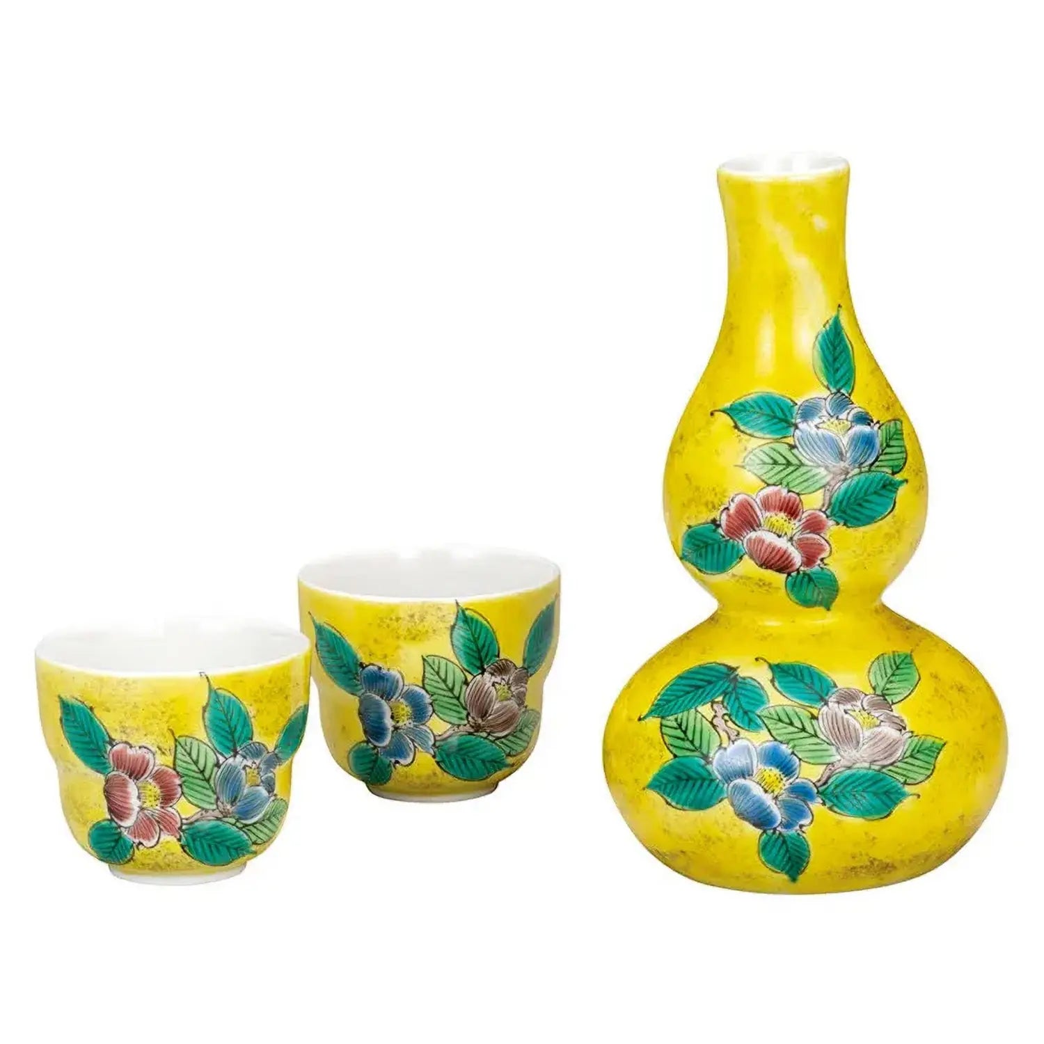 Premium Japanese Kutani Ware Porcelain Sake Set - Yoshidaya Tsubaki Design - Authentic Hand-Painted Sake Cups & Flask - Traditional Japanese Drinking Set for Home, Gifts & Tea Ceremonies