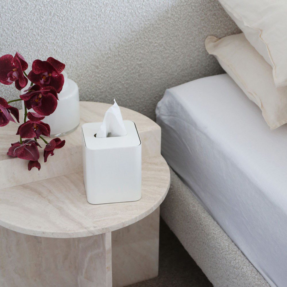 Square Tissue Box with Metal Lid - White & White | Modern Home Decor for Living Room, Bathroom & Office | Stylish & Functional Tissue Holder