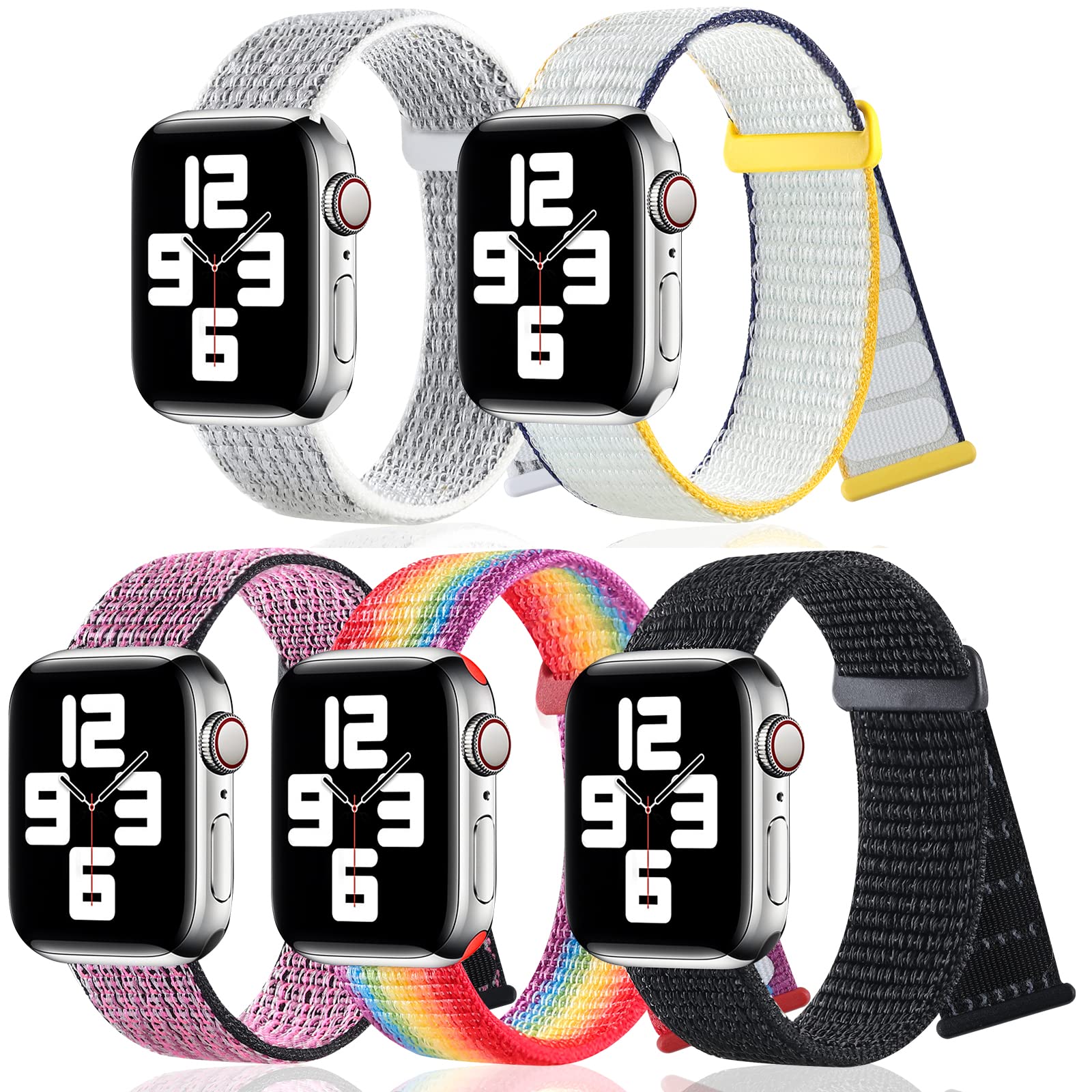5 Pack Nylon Sports Bands for Apple Watch 38mm 40mm 41mm - Soft Stretchy Adjustable Woven Straps Compatible with iWatch Series 7/6/5/4/3/2/1/SE - Perfect for Running, Gym Workouts & Daily Wear (Men & Women)