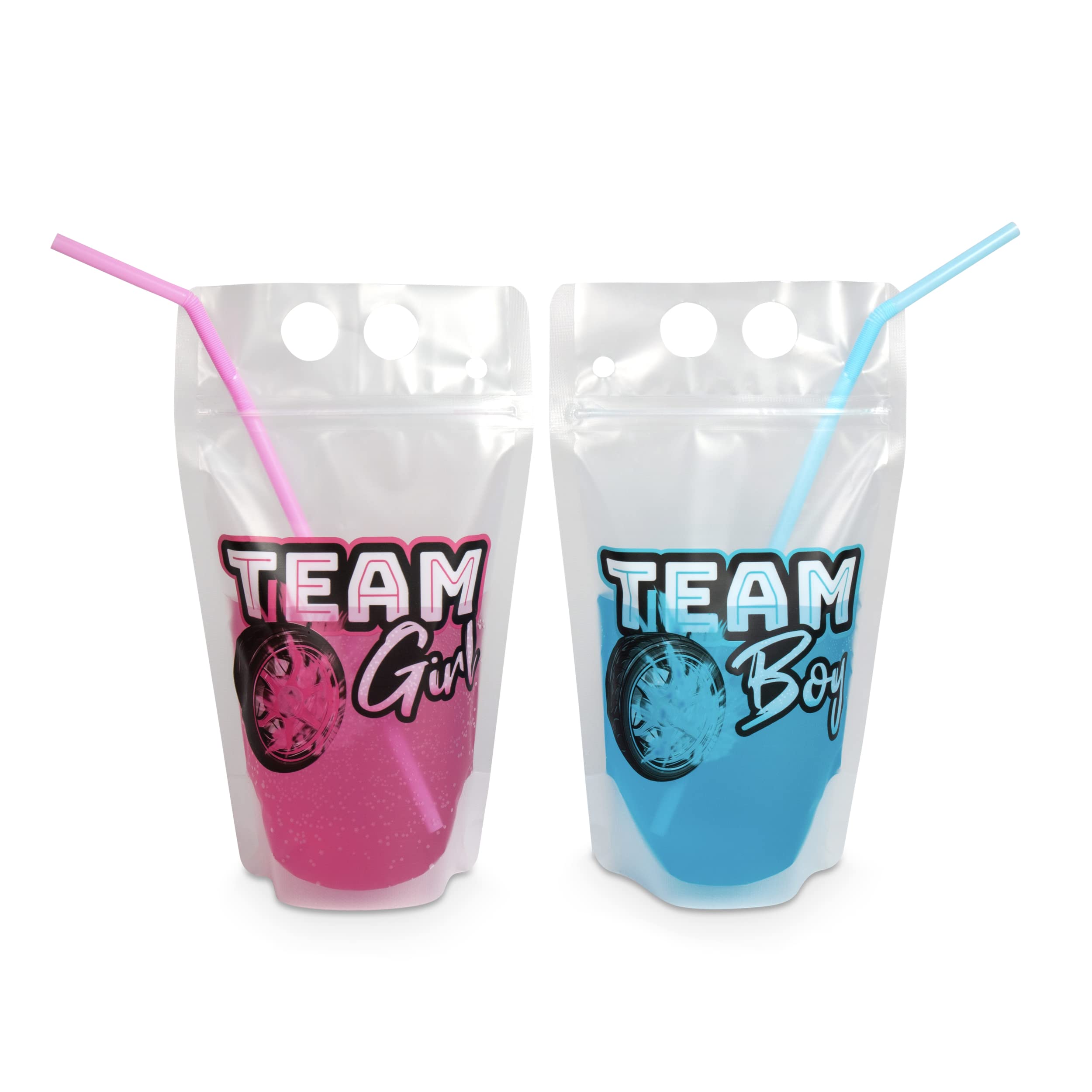 48-Piece Plastic Zipper Drink Pouches with Straws - Pink, Blue & Clear - Perfect for Baby Showers, Birthday Parties & Team Events - Reusable Party Cups for Girls & Boys Celebrations