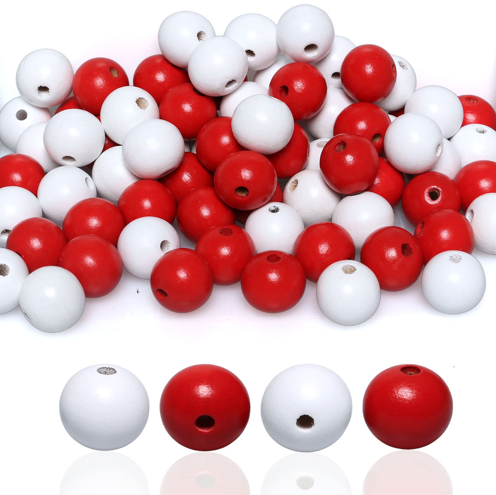 White Red Wooden Beads 20mm Round Beads 4mm Hole Bulk Loose Spacer Beads for Jewelry Making, DIY Crafts, Bracelets, Necklaces, Home Decor - 50Pcs Natural Wood Beading Supplies
