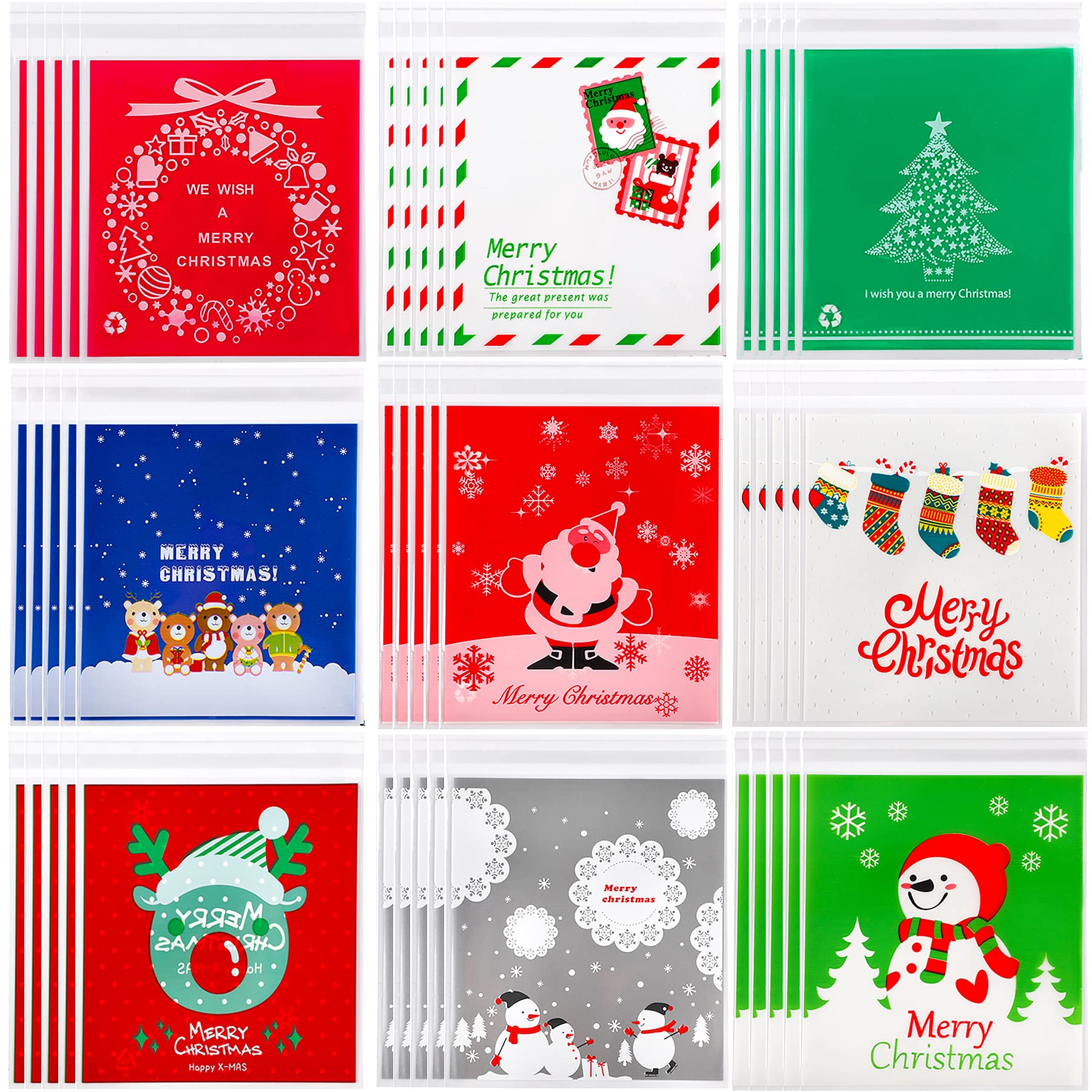 FEBSNOW 450 PCS Christmas Candy Bags - Self-Adhesive Cellophane Treat Bags for Cookies, Candies & Party Favors - Holiday Gift Wrapping & Decoration Supplies (9 Festive Patterns) - Perfect for Christmas Parties, Gift Exchanges & Cookie Packaging