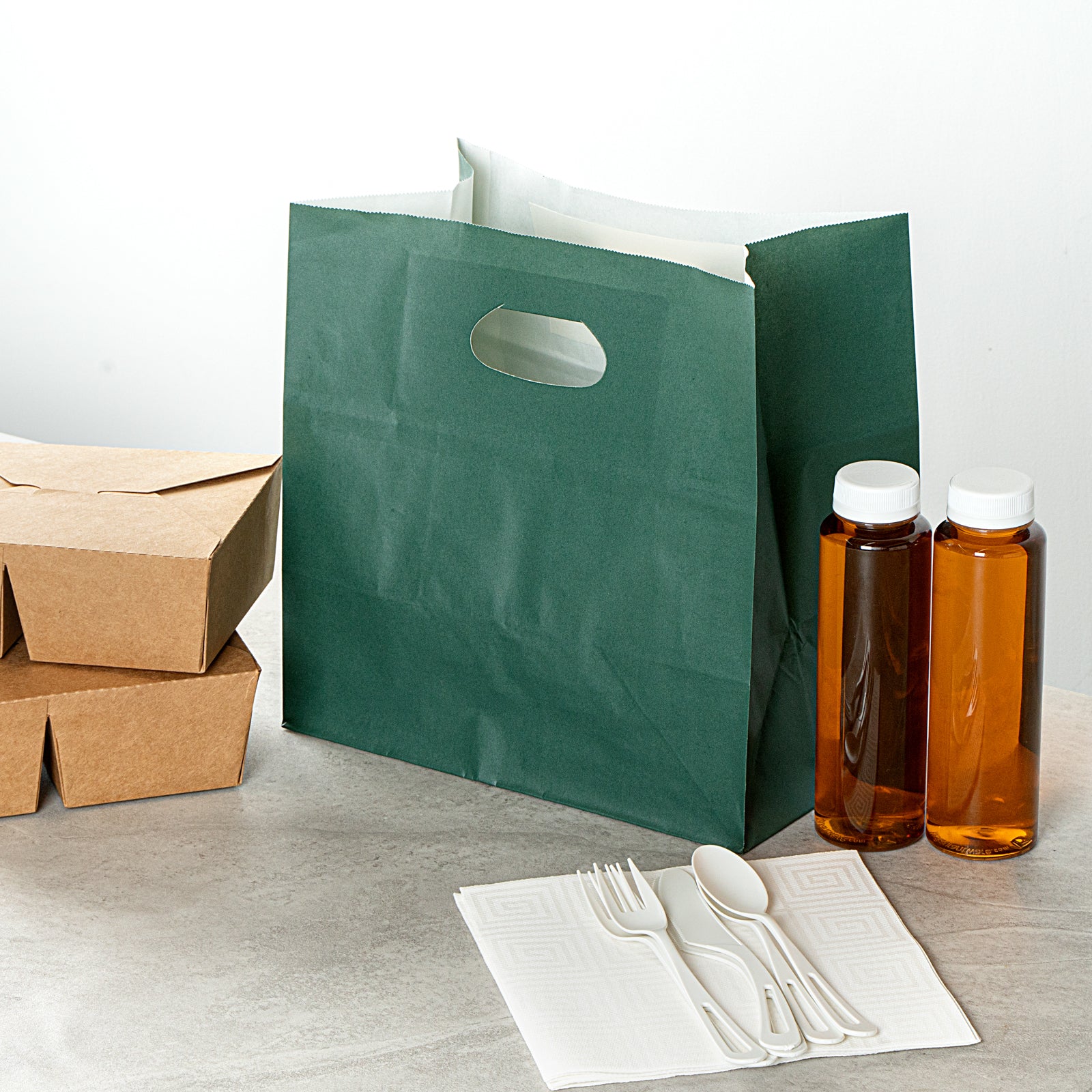 Eco-Friendly Rectangle Forest Green Paper Take Out Bags with Handles - 11