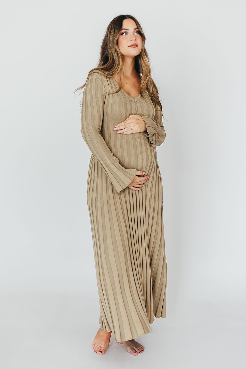 Hadley Long Sleeve V Neck Knit Maxi Dress for Women - Elegant Dune Color, Flowy Boho Style, Comfortable Stretchy Fabric | Perfect for Fall, Winter, Date Night, Office Wear and Special Occasions