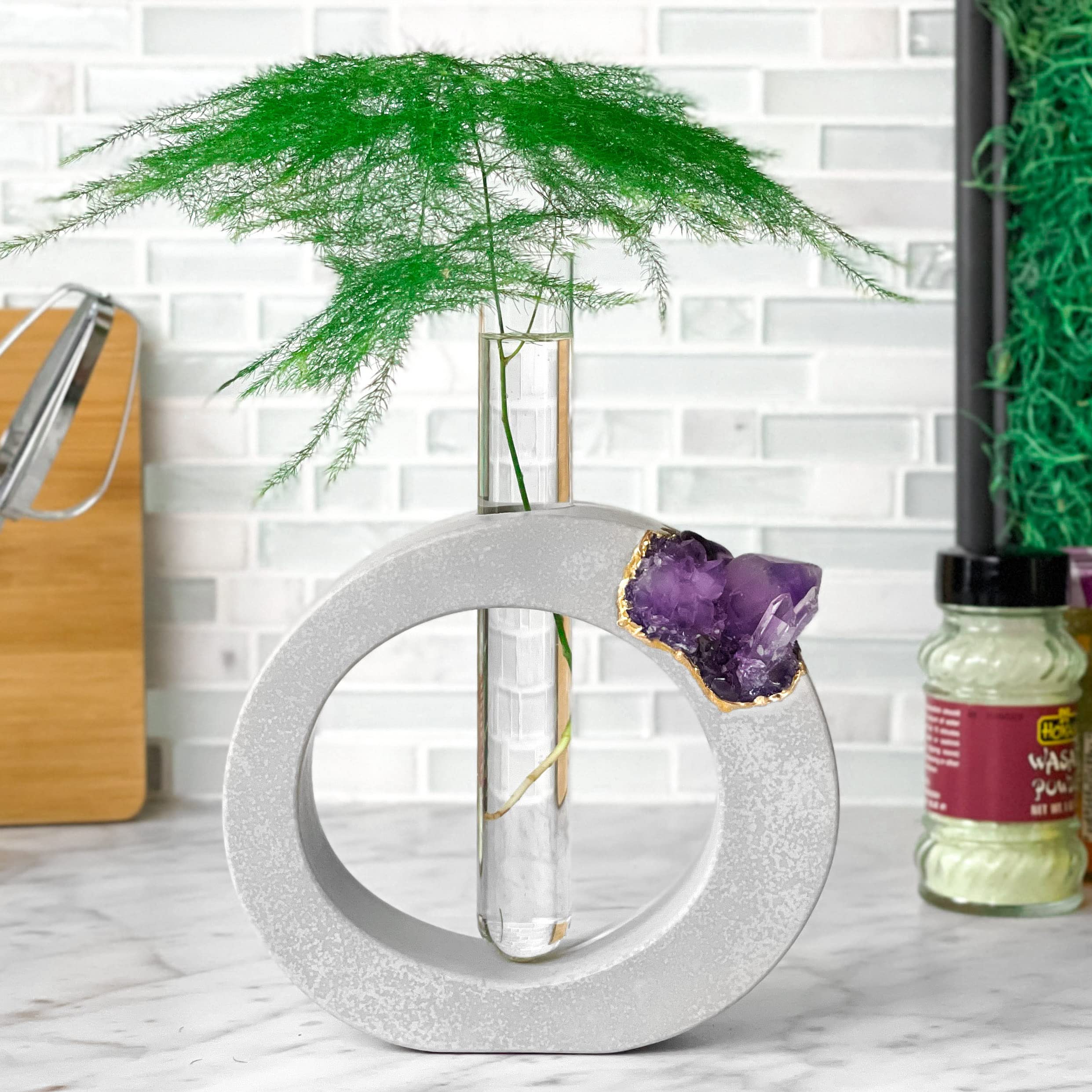 Amethyst Geode Planter - Glass Test Tube Plant Propagation Station for Hydroponics, Terrarium & Home Decor | Boho Office Gift, Crystal Stand & Flower Vase | Perfect for Indoor Gardening, Desk Decor & Zen Spaces