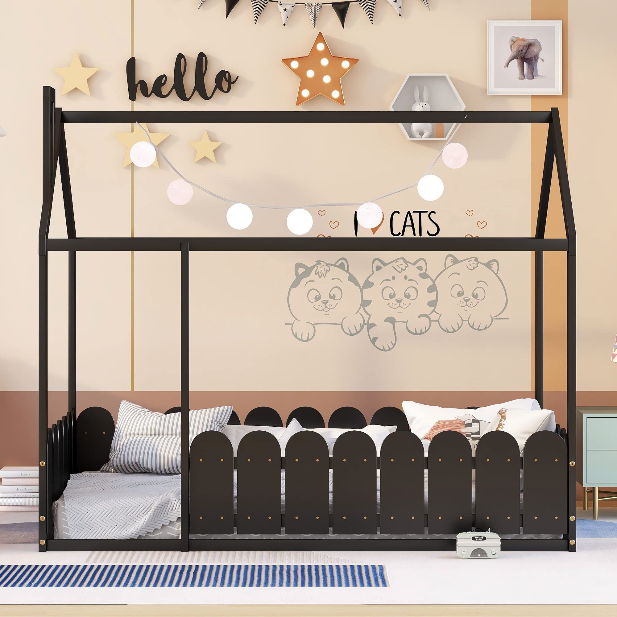 Harper & Bright Designs Twin Size Kids Bed Frame - Pine Wood Roof, Fence-Shaped Guardrails, Cabin & Floor Bed for Children & Teens (Espresso) - Perfect for Small Bedrooms, Playrooms & Sleepovers