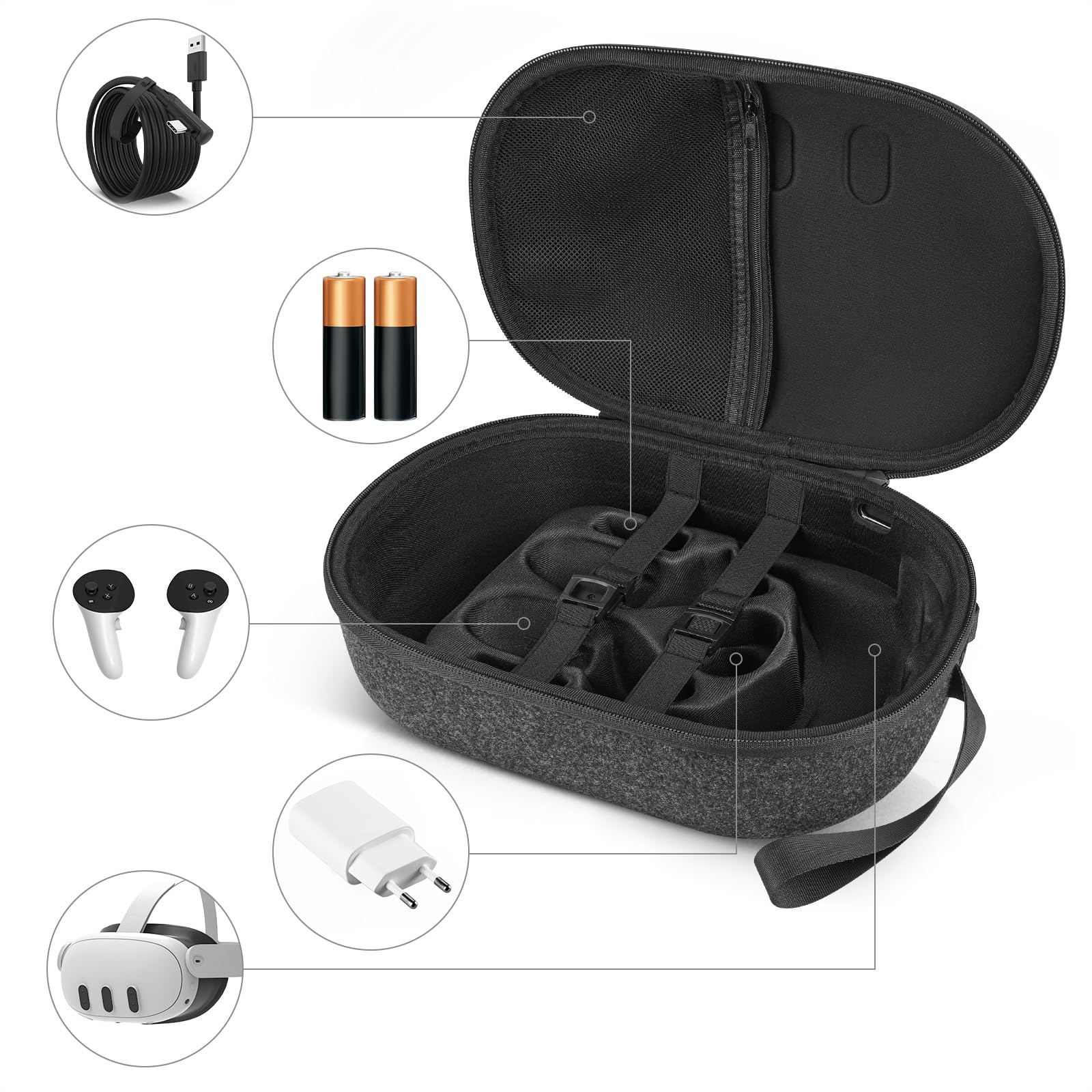 GEEKRIA Shield VR Headset Travel Case Compatible with Meta Quest 3 - Hard Shell Protective Storage for VR Gaming Accessories with Shoulder Strap & Charging Port (Black) | Perfect for Travel, Outdoor Use & VR Gaming Protection