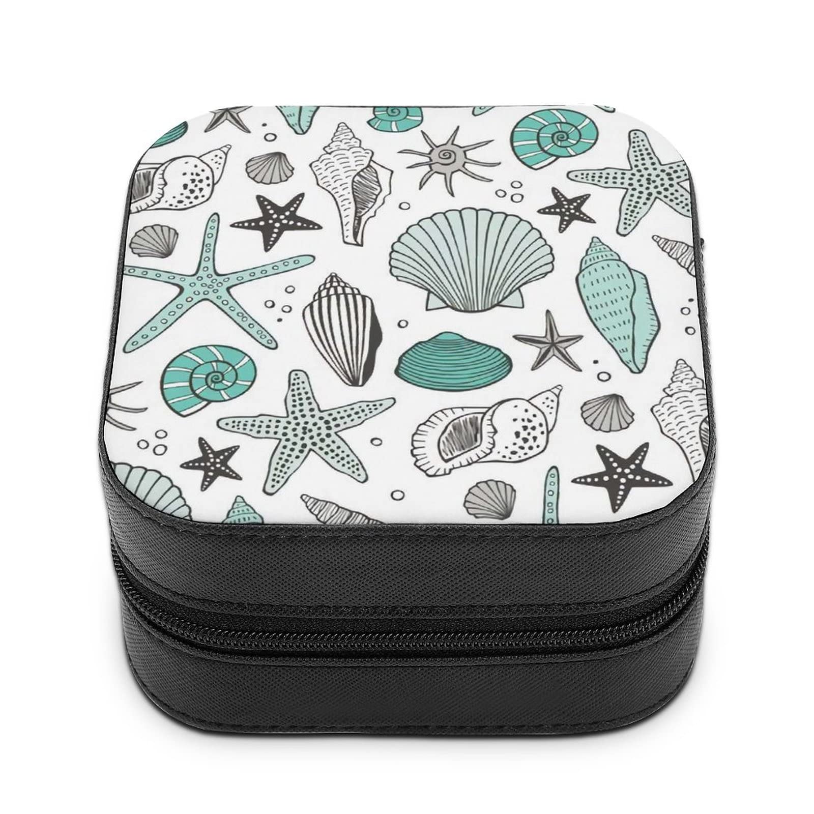 Starfishes and Shells Jewelry Box - PU Leather Small Jewelry Storage Organizer with Zipper for Earrings, Rings & Accessories (4x4x2.2in) - Perfect Travel Jewelry Case & Birthday Gift for Women