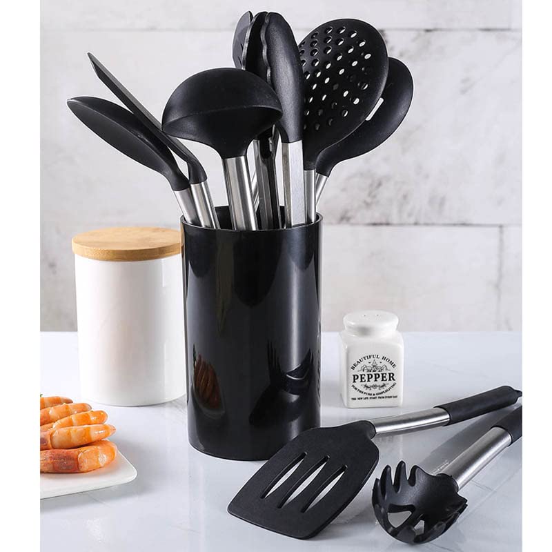 20Pcs Silicone Cooking Utensil Set with Holder - Heat Resistant to 446°F, Stainless Steel Handle Kitchen Tools for Nonstick Cookware - Includes Spatula, Spoon & Whisk - Perfect for Baking, Frying & Everyday Cooking (Black)