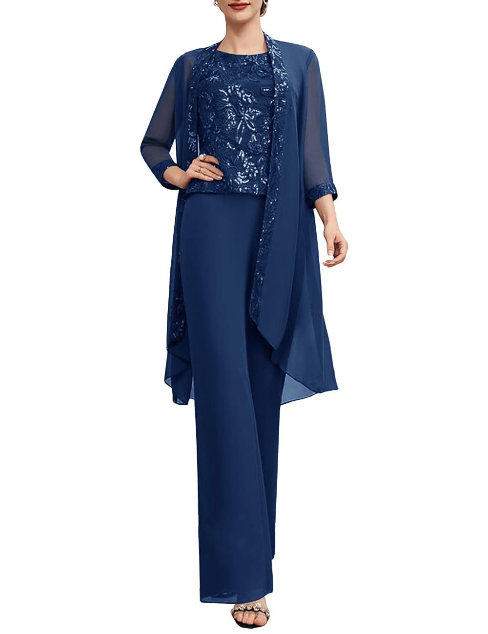 Elegant Women's 3-Piece Mother of The Bride Pant Suit Set with Lace Appliques - Formal Wedding Guest Outfit for Special Occasions, Church Events & Evening Parties