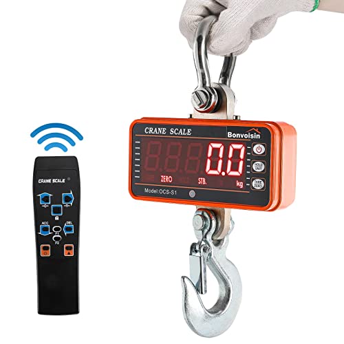 Bonvoisin 1000kg/2000lb Digital Crane Scale - Heavy Duty Industrial Hanging Scale with Remote Control, 5-Digit LED Display, CE Certified - Perfect for Construction, Warehousing & Shipping (Orange)