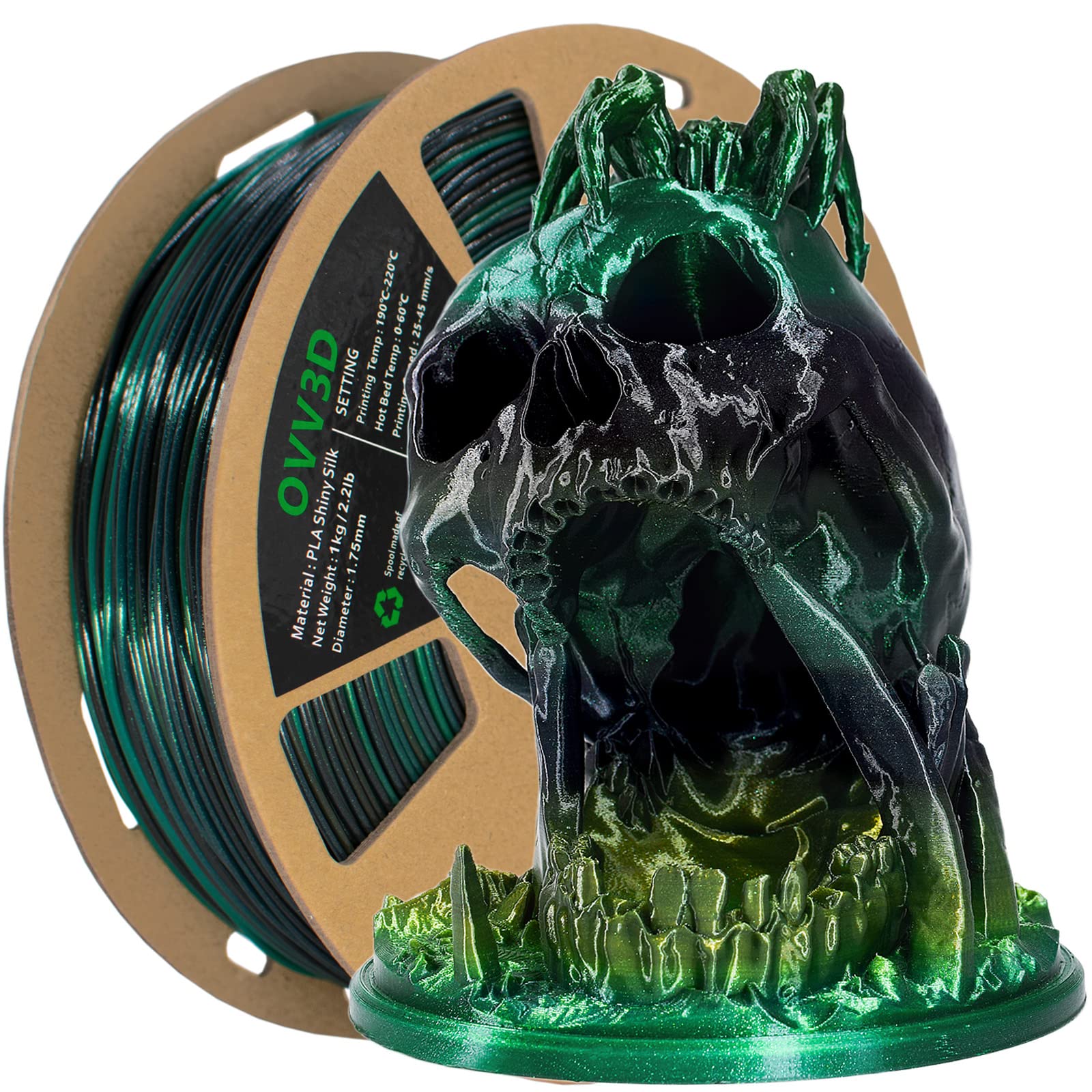 1.75mm Silk PLA 3D Printer Filament - Color Changing Black to Green with Glitter Flecks, 1kg Spool (±0.02mm Tolerance) for Smooth 3D Printing Projects - Perfect for Cosplay Props, Home Decor & DIY Crafts