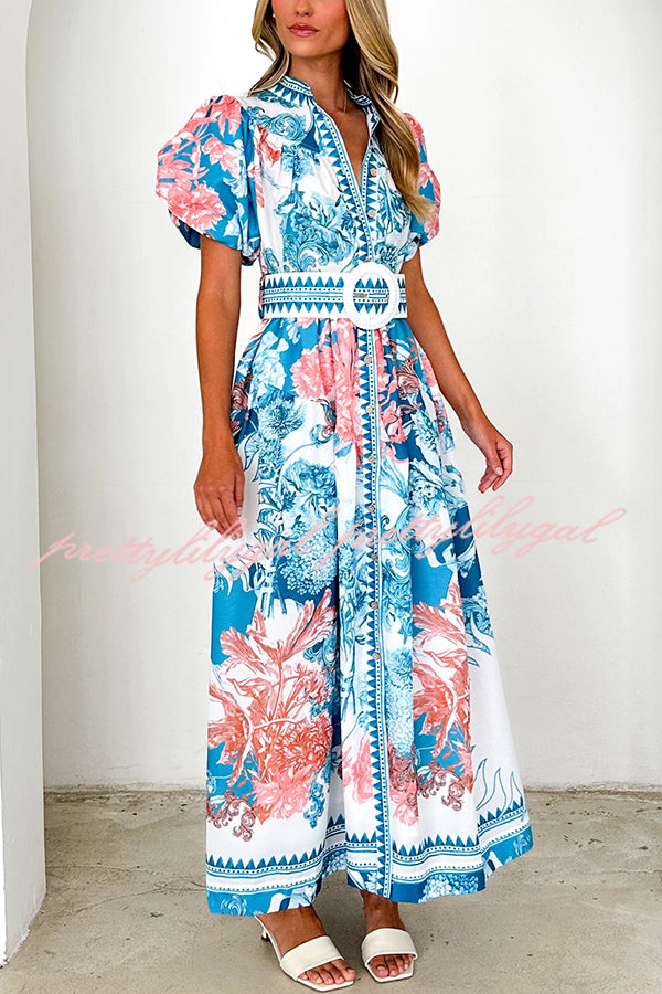 Stylish Floral Print Puff Sleeve Button-Down Belted Maxi Dress for Women | Summer Beach Wedding Party Outfit | Perfect for Vacations, Date Nights & Special Occasions