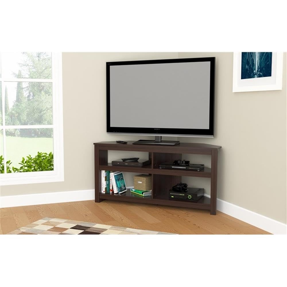 Inval MTV-13519 Corner TV Stand for 50 Inch Flat Screen TVs, Espresso Wengue Entertainment Center with 4 Open Storage Shelves - Perfect for Living Room, Bedroom & Home Theater Setup