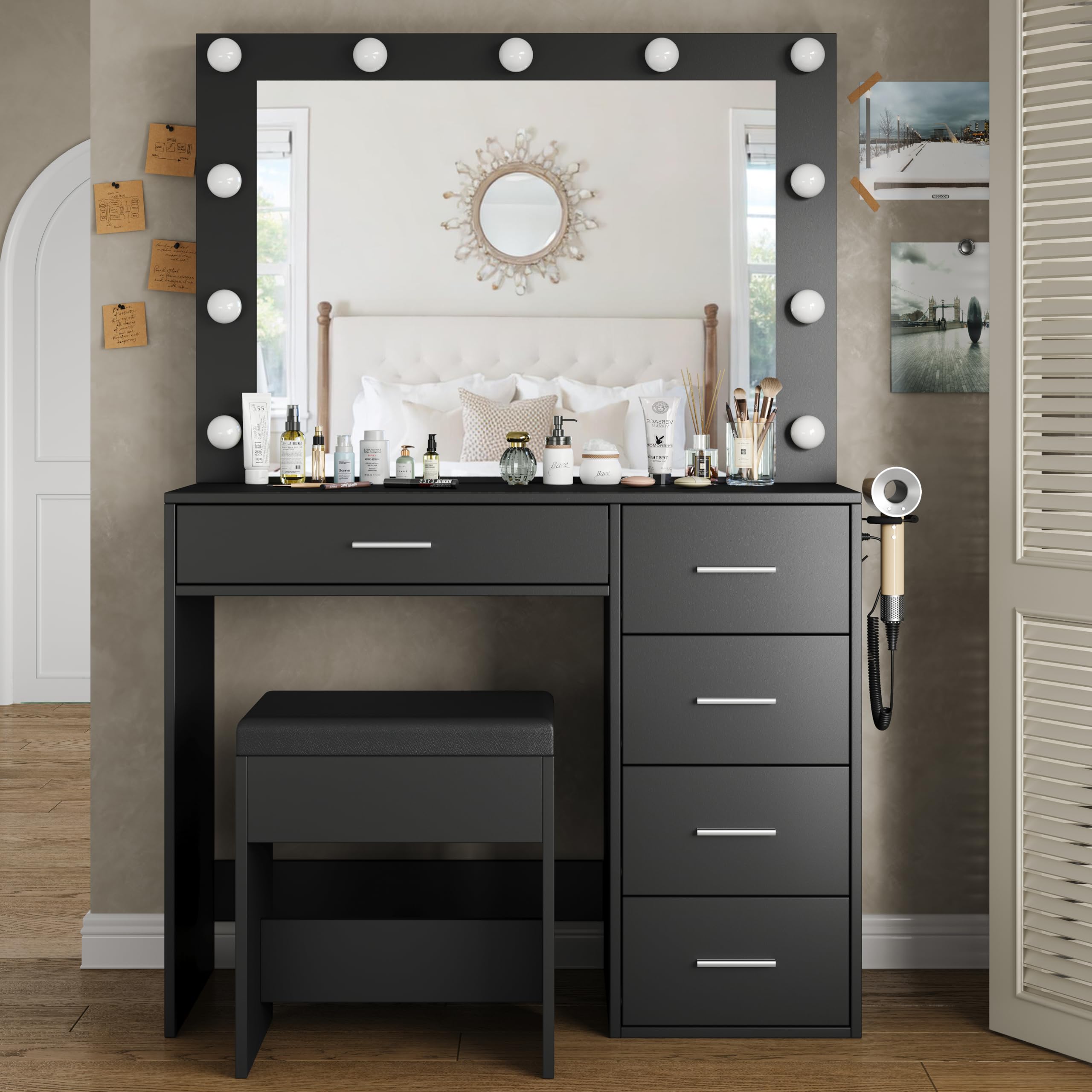 Yanosaku Vanity Desk with Power Outlet, Makeup Vanity Set with LED Mirror & 5 Drawers, Adjustable Brightness 3 Lighting Modes - Black | Perfect for Bedroom Makeup Station, Dressing Table with Storage & Charging Port